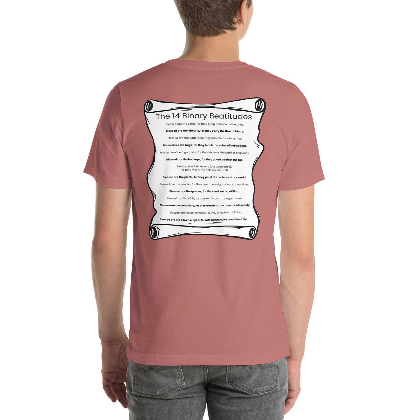 Binary Beatitudes AI T-Shirt featuring a scroll with 14 technological commandments