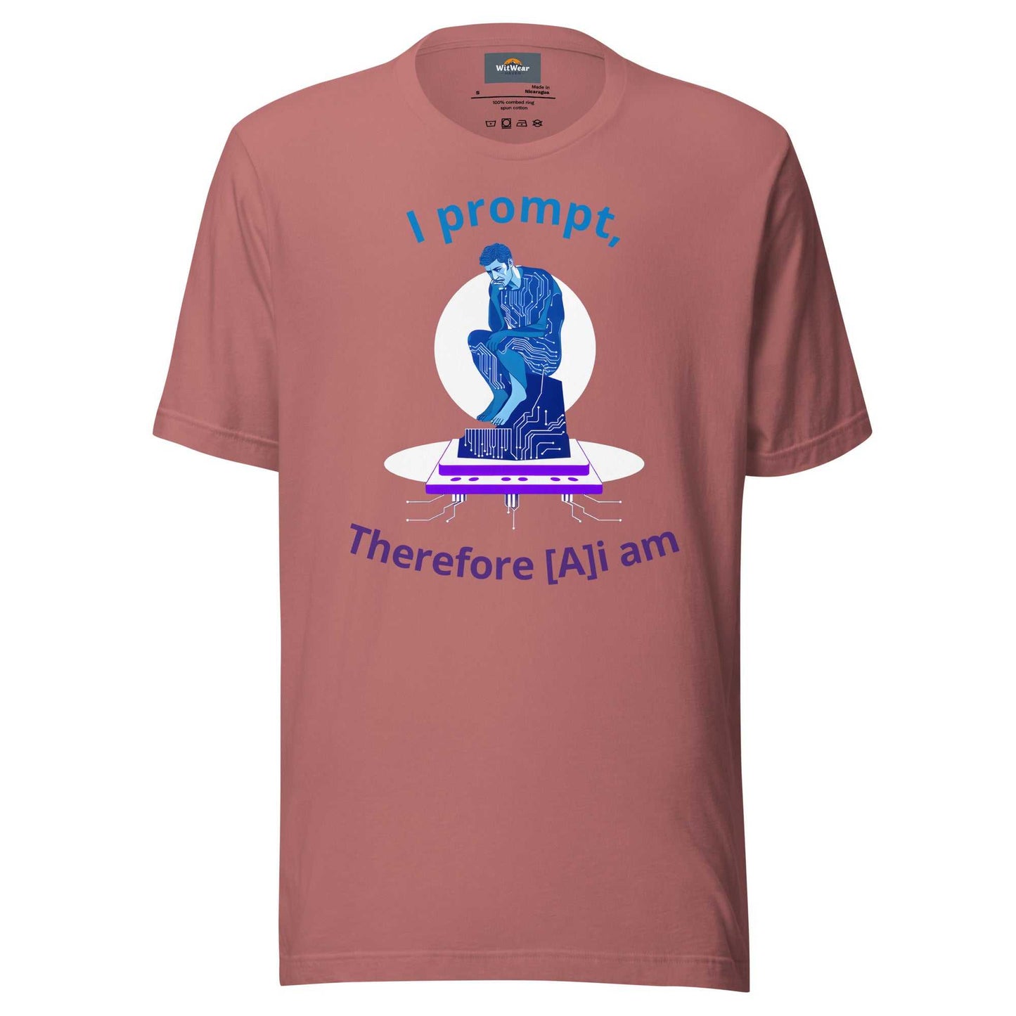 AI Philosopher T-Shirt featuring Rodin's Thinker reimagined with circuit board design