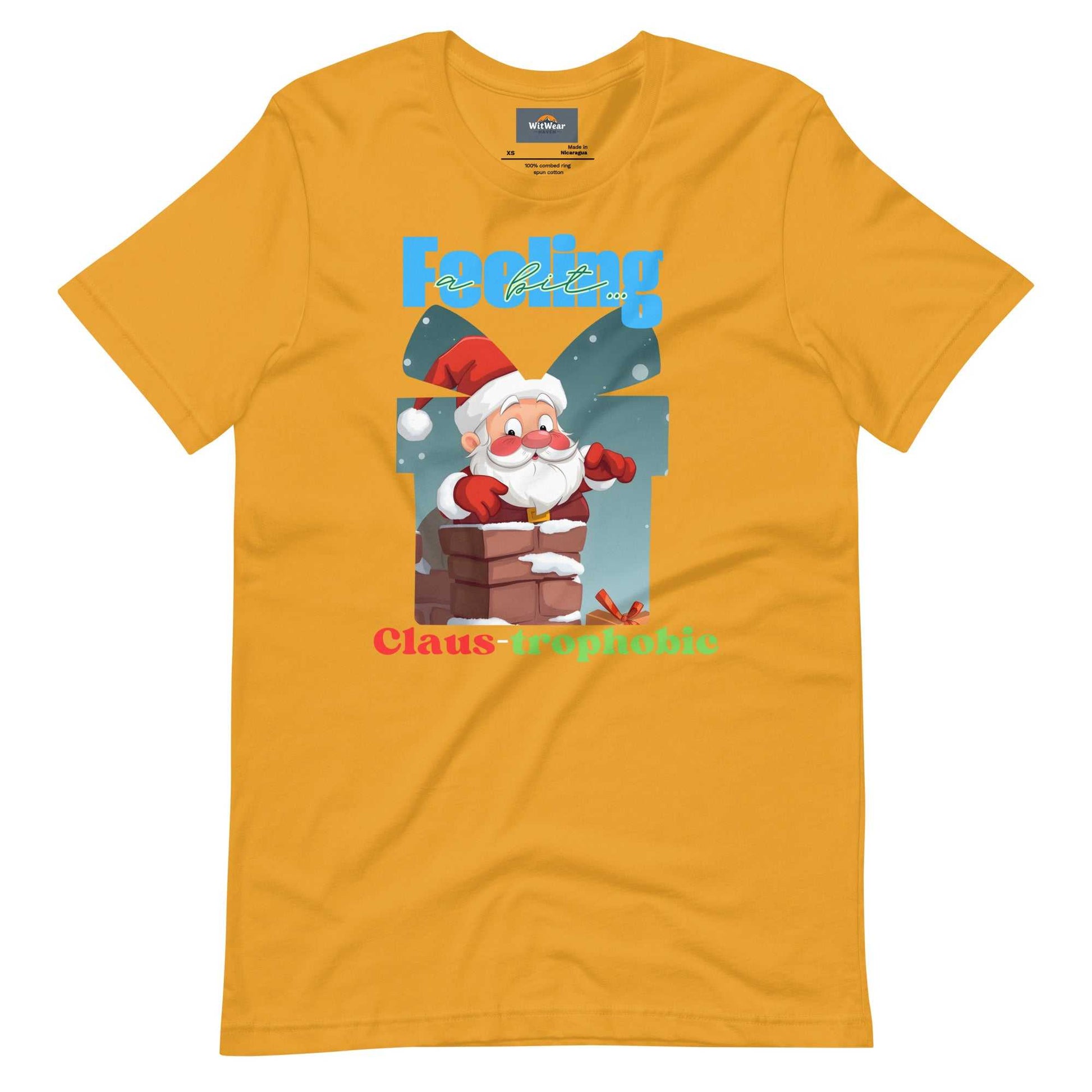 Santa Claus humorously stuck in a chimney on the Claus-trophobic TShirt