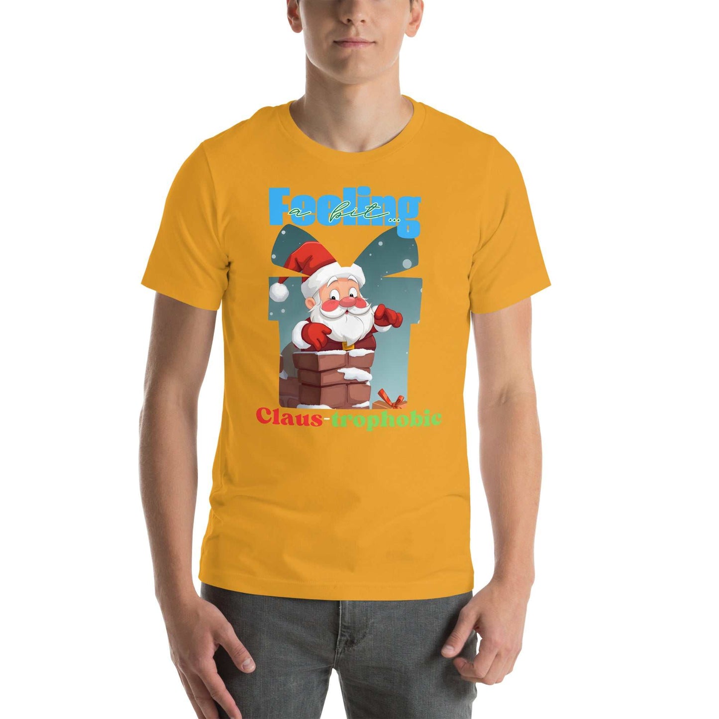 Santa Claus humorously stuck in a chimney on the Claus-trophobic TShirt