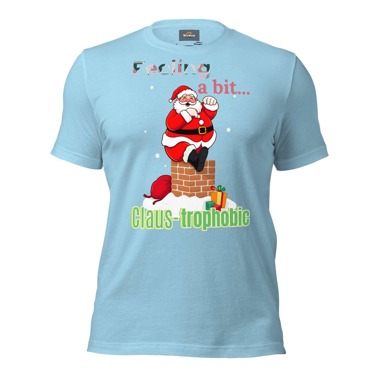 Funny Santa Shirt design featuring 'Clause-trophobic' Santa squeezing into a chimney