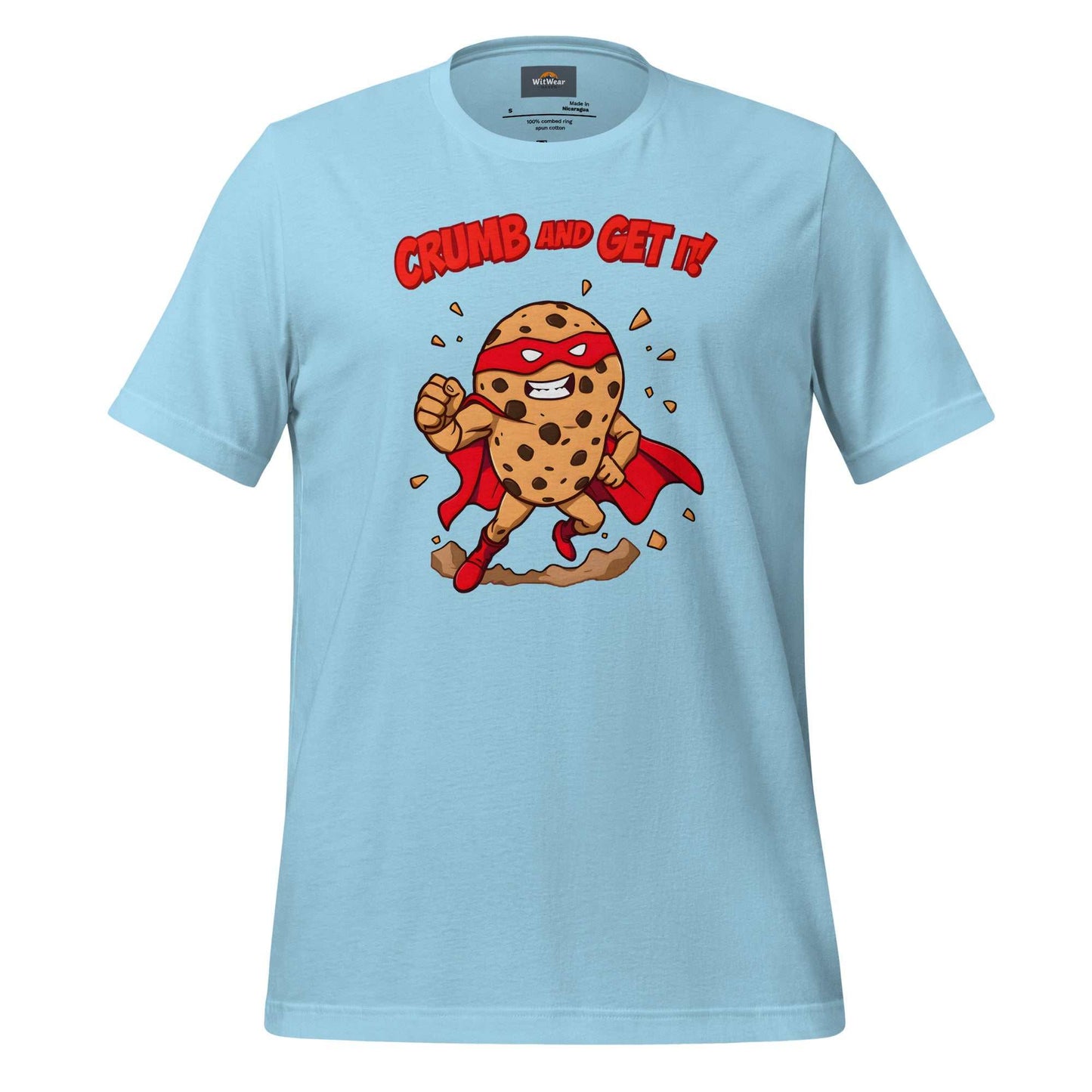 Superhero Cookie T-Shirt featuring a muscular cookie character with cape and heroic pose