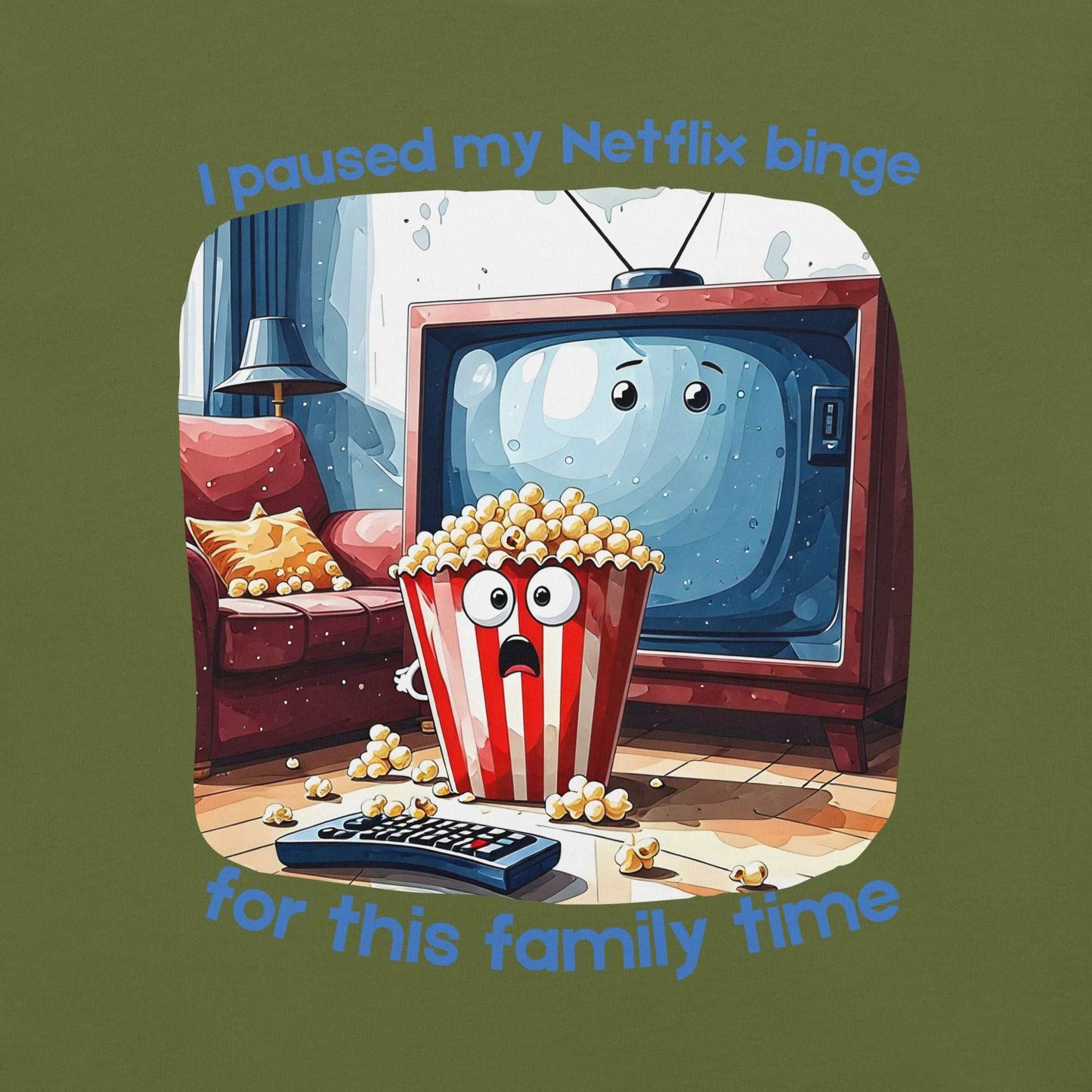 Netflix Binge T-Shirt featuring cartoon TV character and popcorn bucket couch