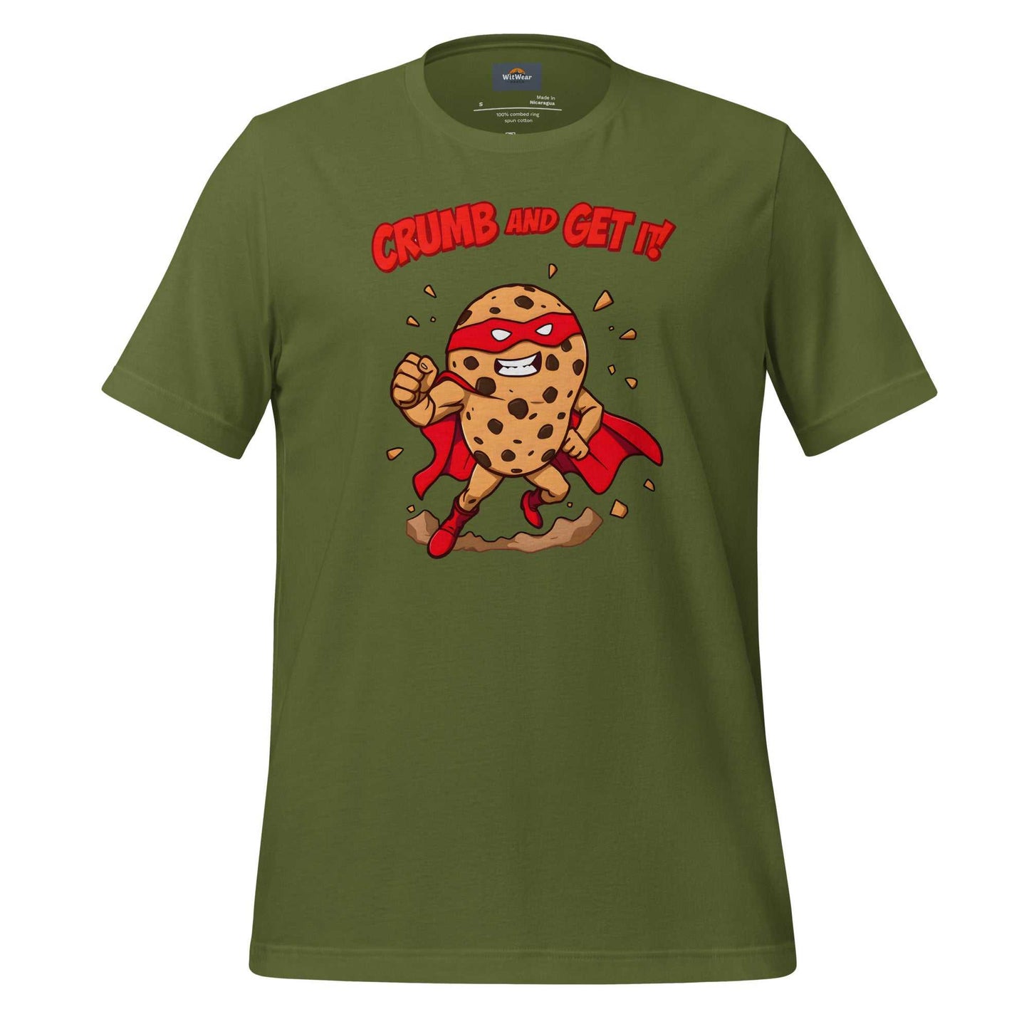 Superhero Cookie T-Shirt featuring a muscular cookie character with cape and heroic pose