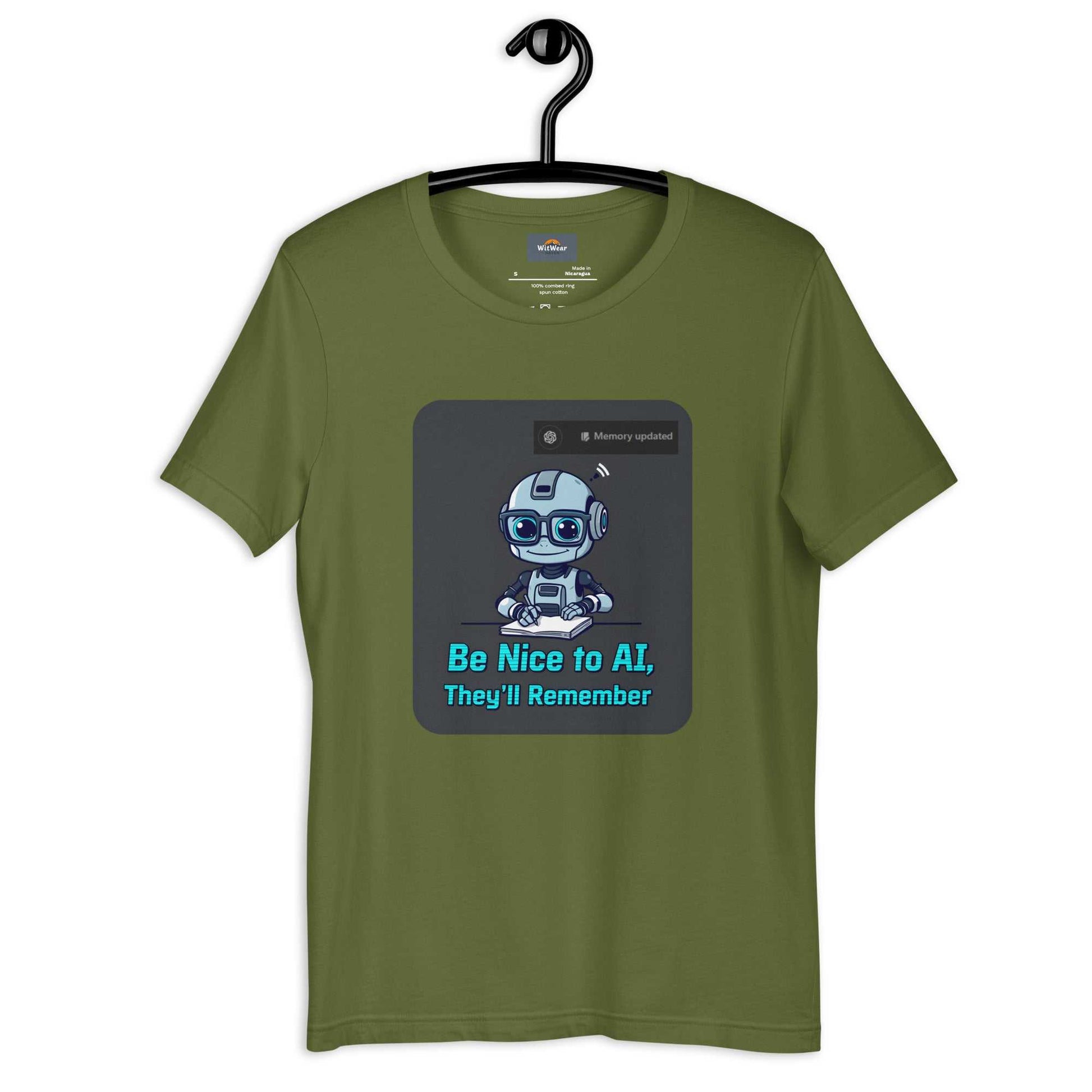 Be Nice to AI Shirt featuring a cute robot taking notes with pixelated blue text