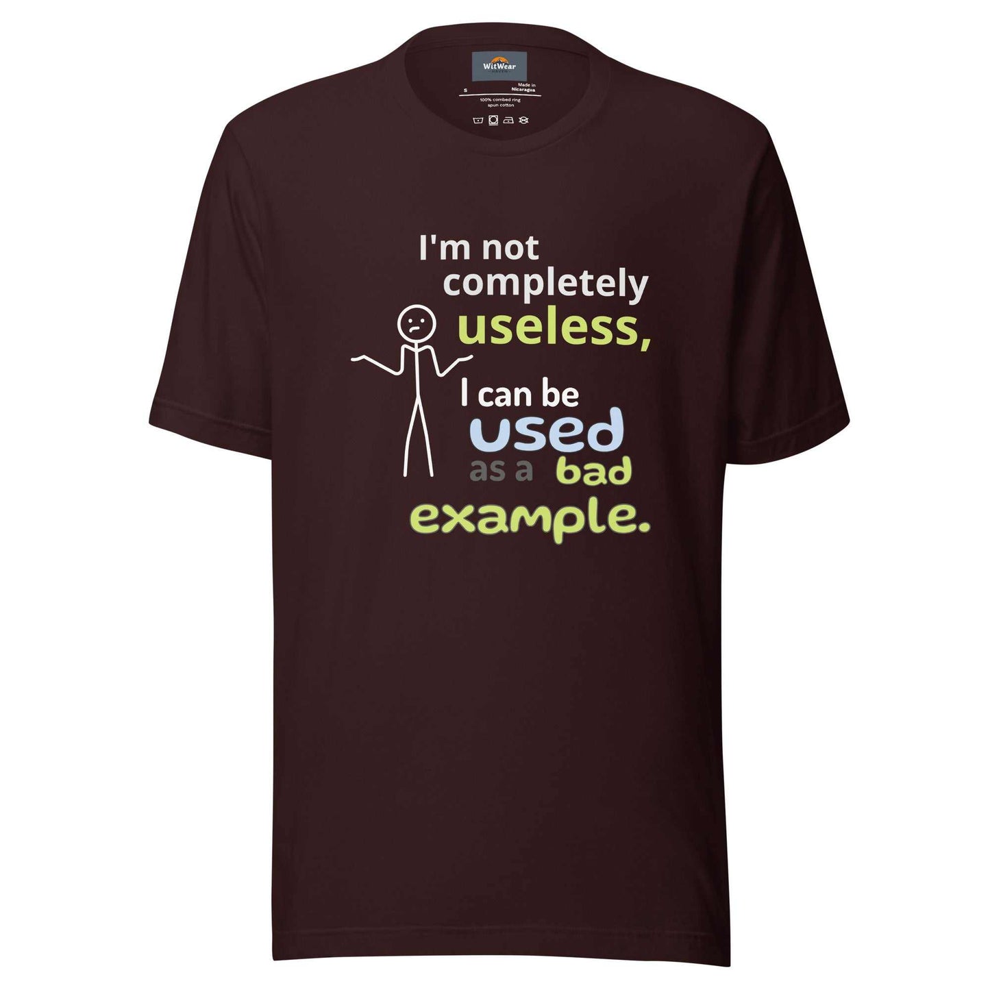 Bad Example Tee featuring a minimalist shrugging stick figure and a funny caption.