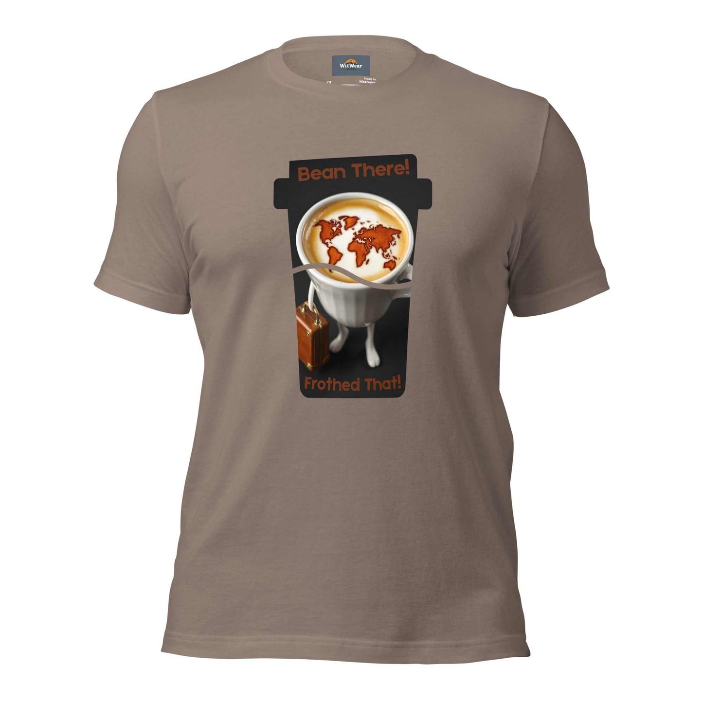 Cappuccino Traveler T-Shirt featuring 'Bean There, Frothed That' design with a cappuccino cup and world map foam art.