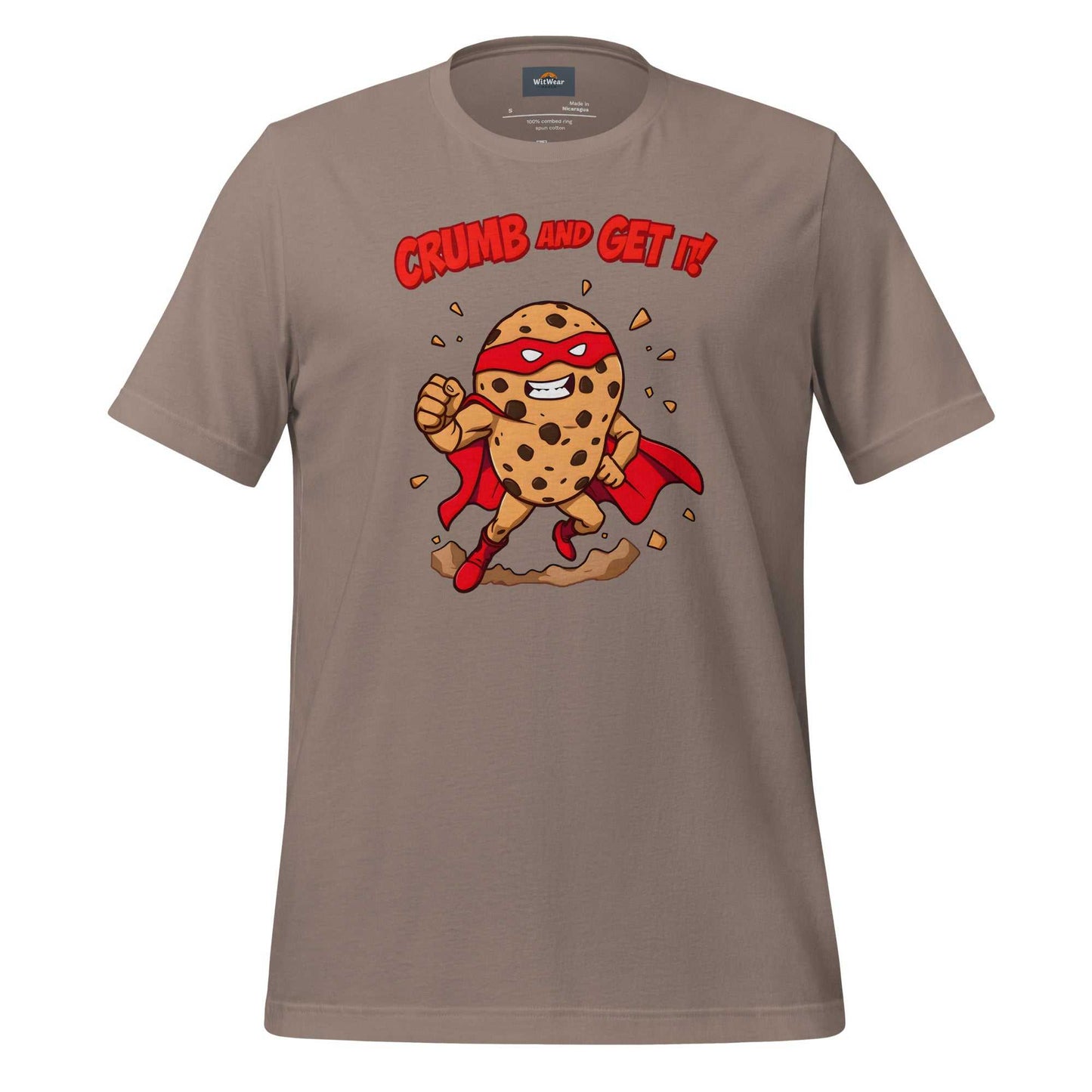 Superhero Cookie T-Shirt featuring a muscular cookie character with cape and heroic pose