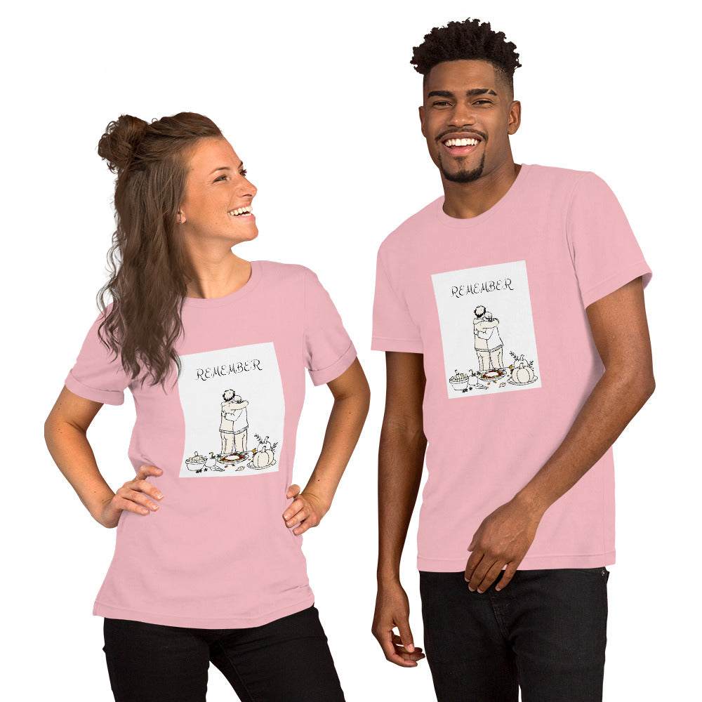 Unisex t-shirt with "Remember" Thanksgiving love design, featuring a humorous turkey illustration, worn by two smiling models.