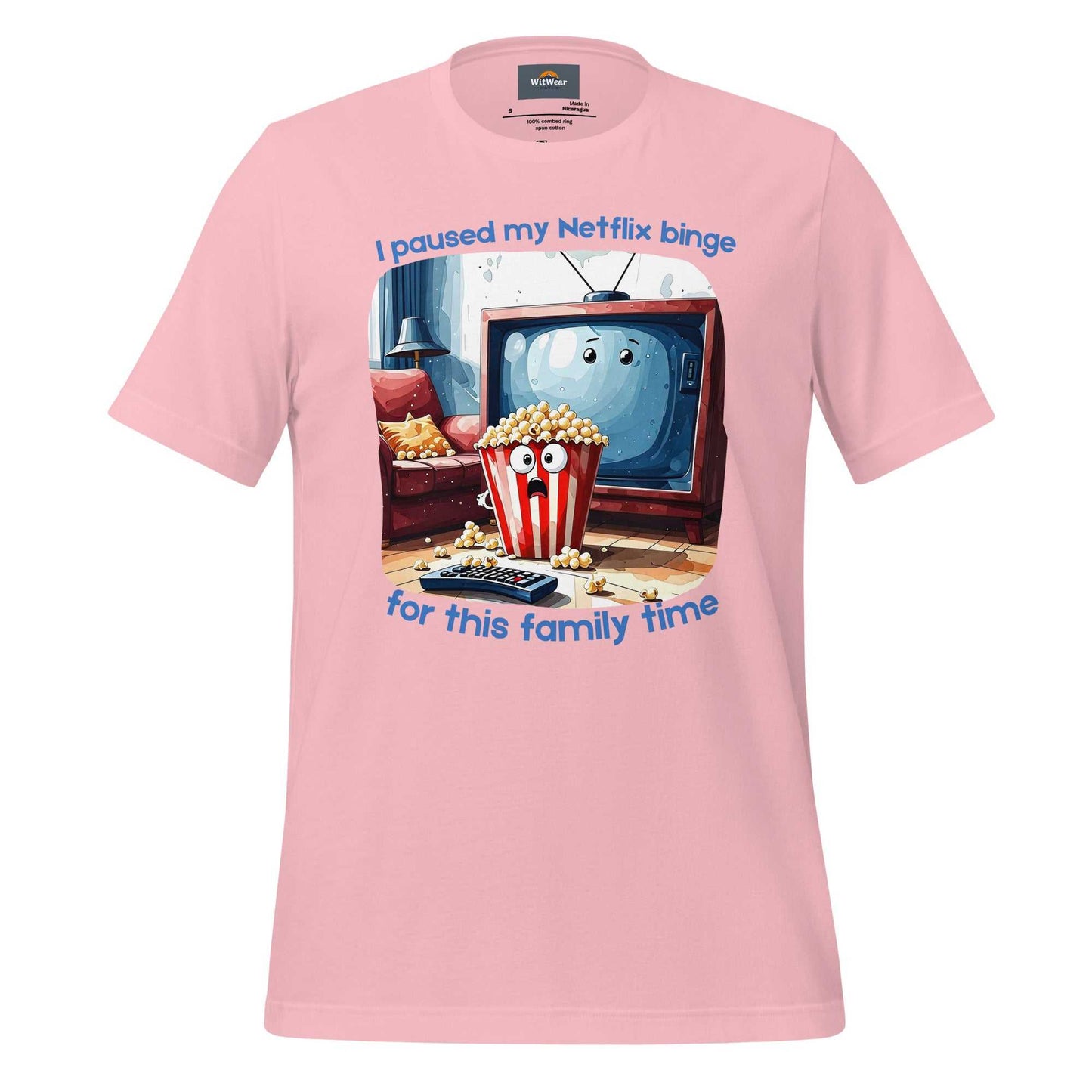 Netflix Binge T-Shirt featuring cartoon TV character and popcorn bucket couch