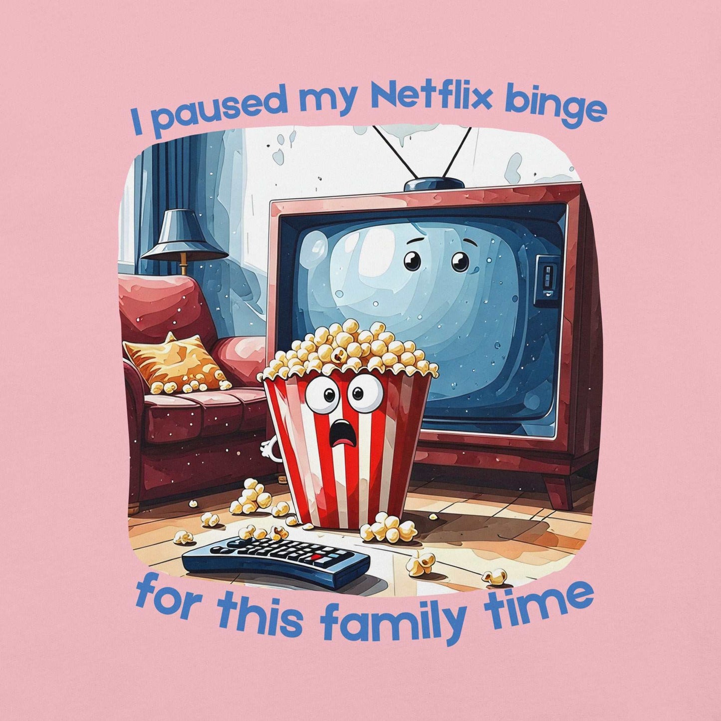 Netflix Binge T-Shirt featuring cartoon TV character and popcorn bucket couch