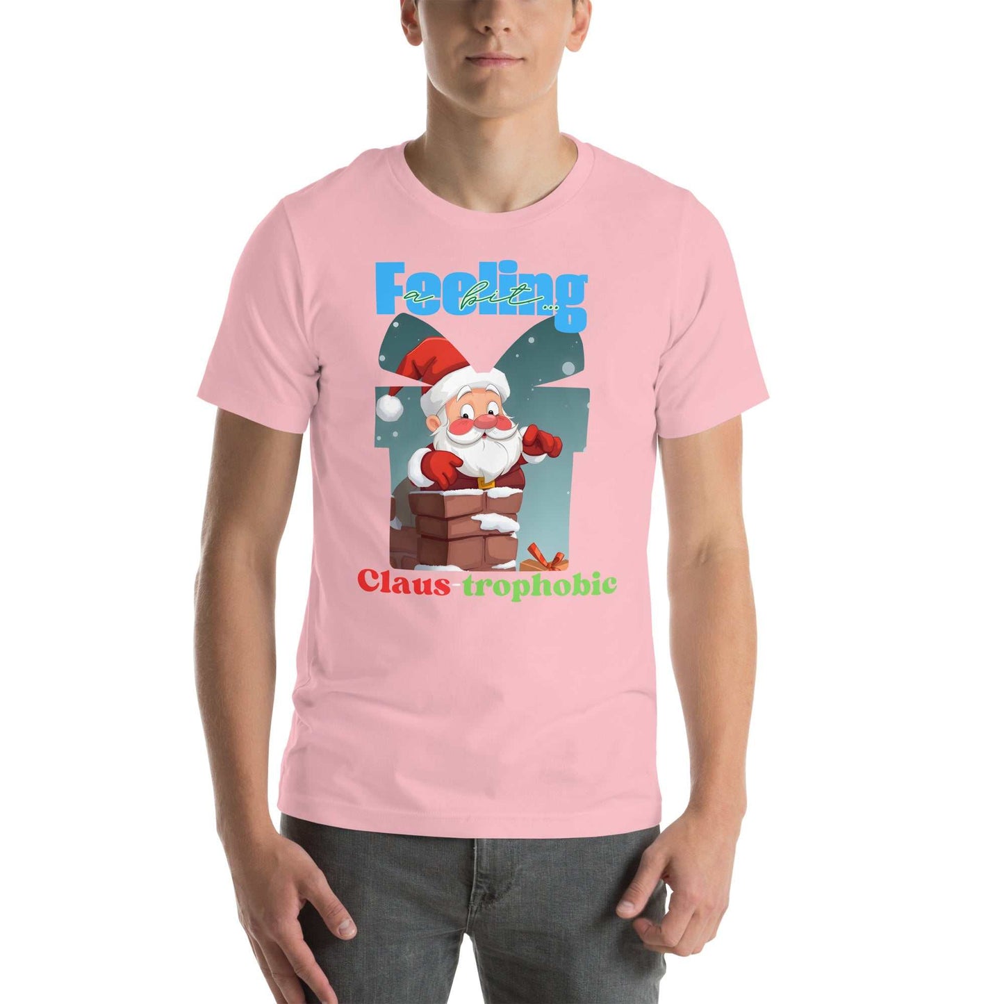 Santa Claus humorously stuck in a chimney on the Claus-trophobic TShirt