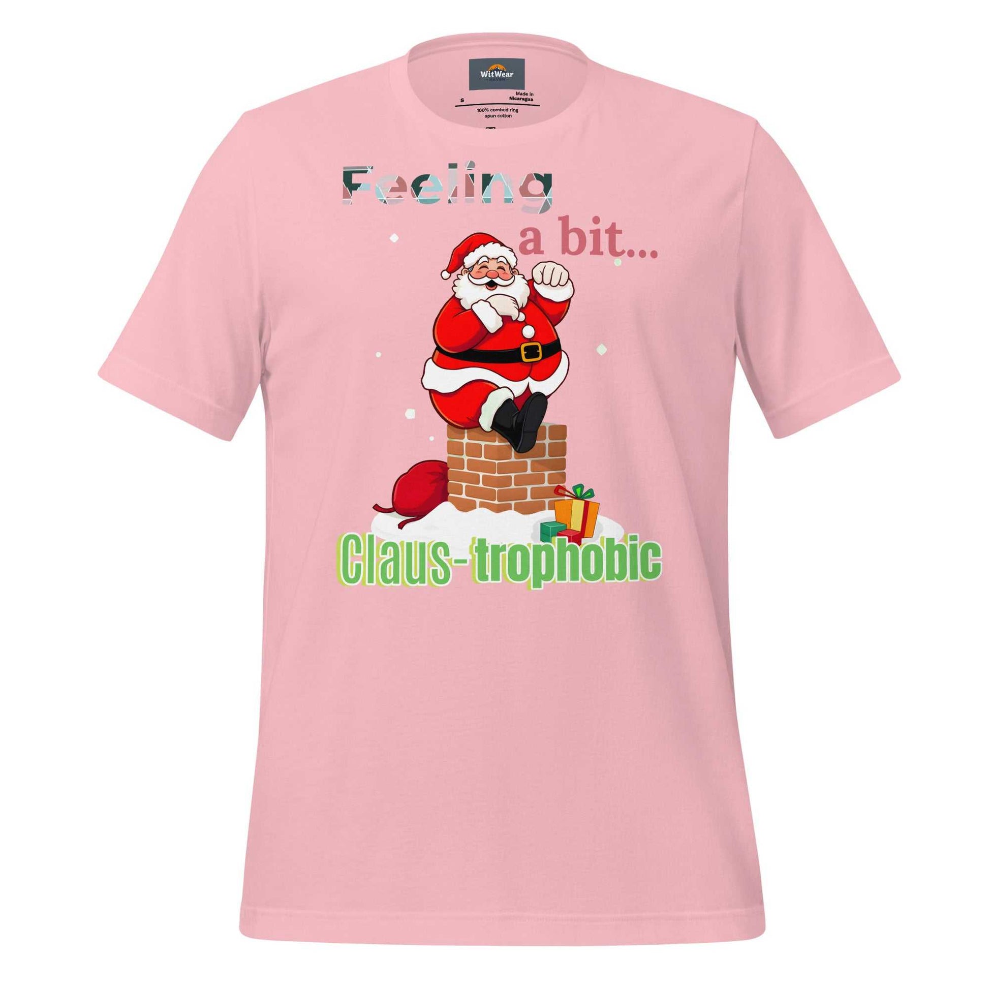 Funny Santa Shirt design featuring 'Clause-trophobic' Santa squeezing into a chimney