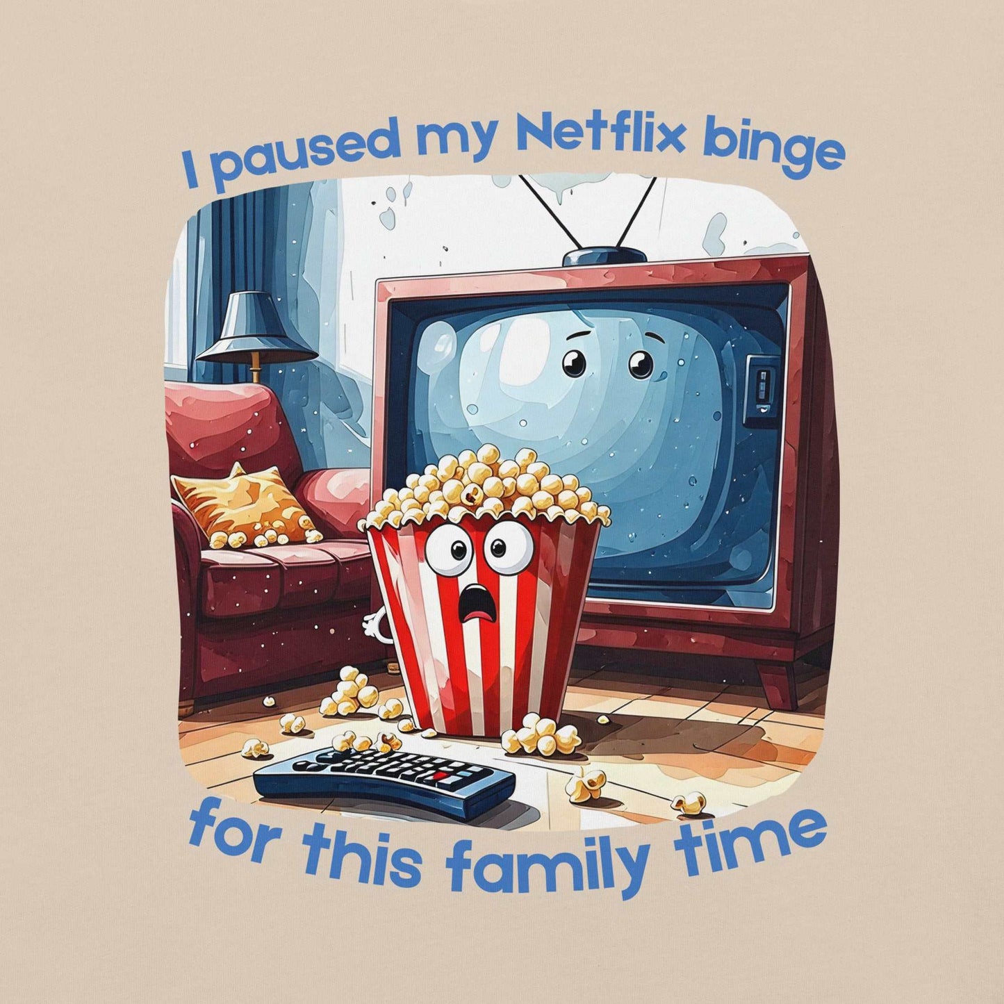 Netflix Binge T-Shirt featuring cartoon TV character and popcorn bucket couch