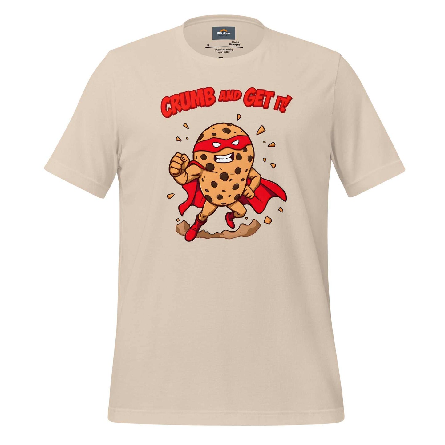 Superhero Cookie T-Shirt featuring a muscular cookie character with cape and heroic pose