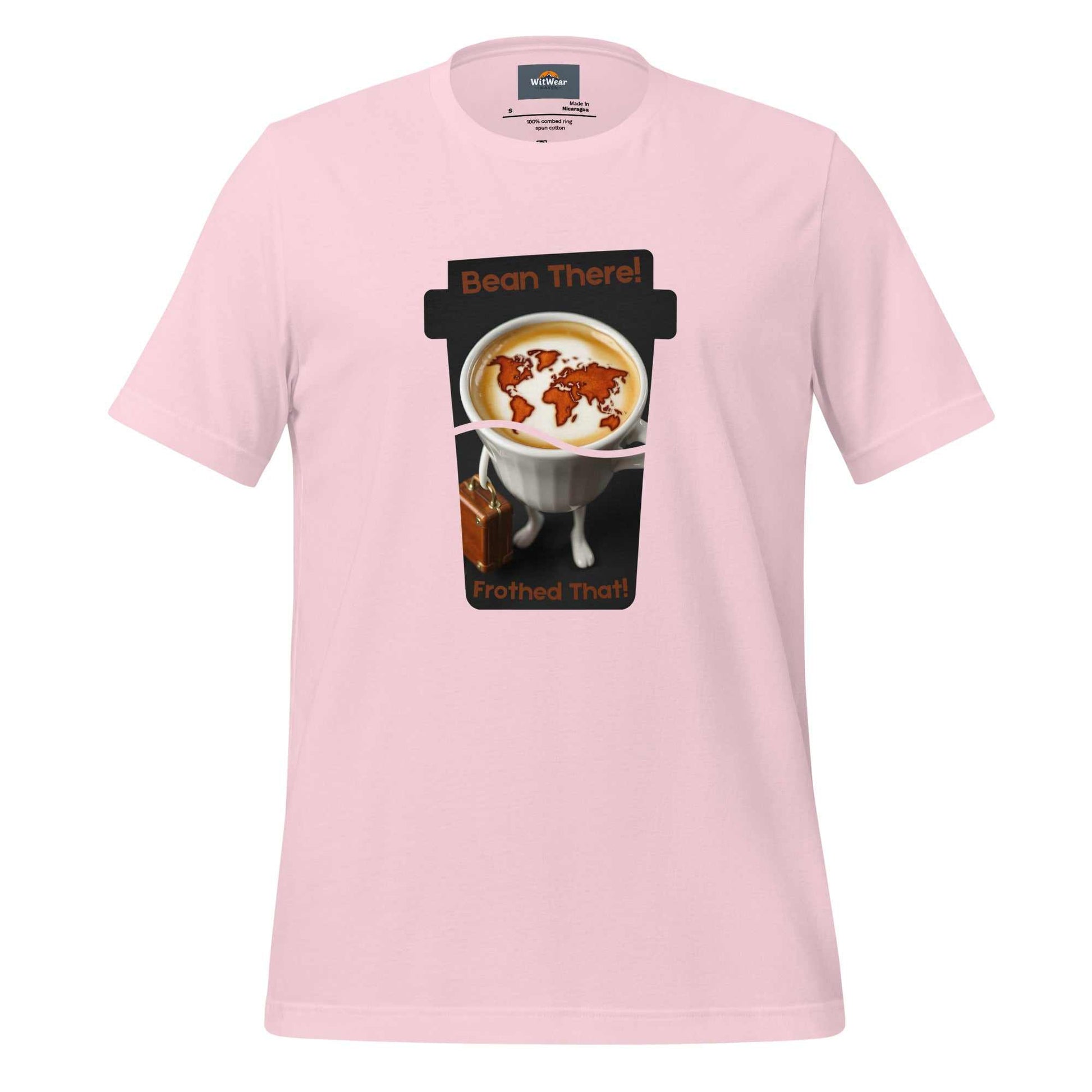 Cappuccino Traveler T-Shirt featuring 'Bean There, Frothed That' design with a cappuccino cup and world map foam art.