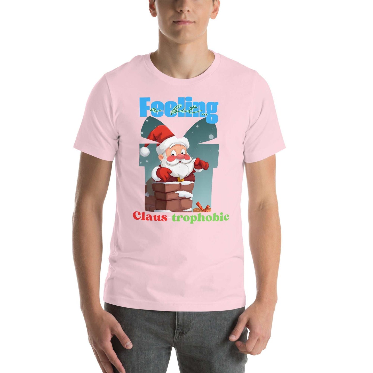 Santa Claus humorously stuck in a chimney on the Claus-trophobic TShirt