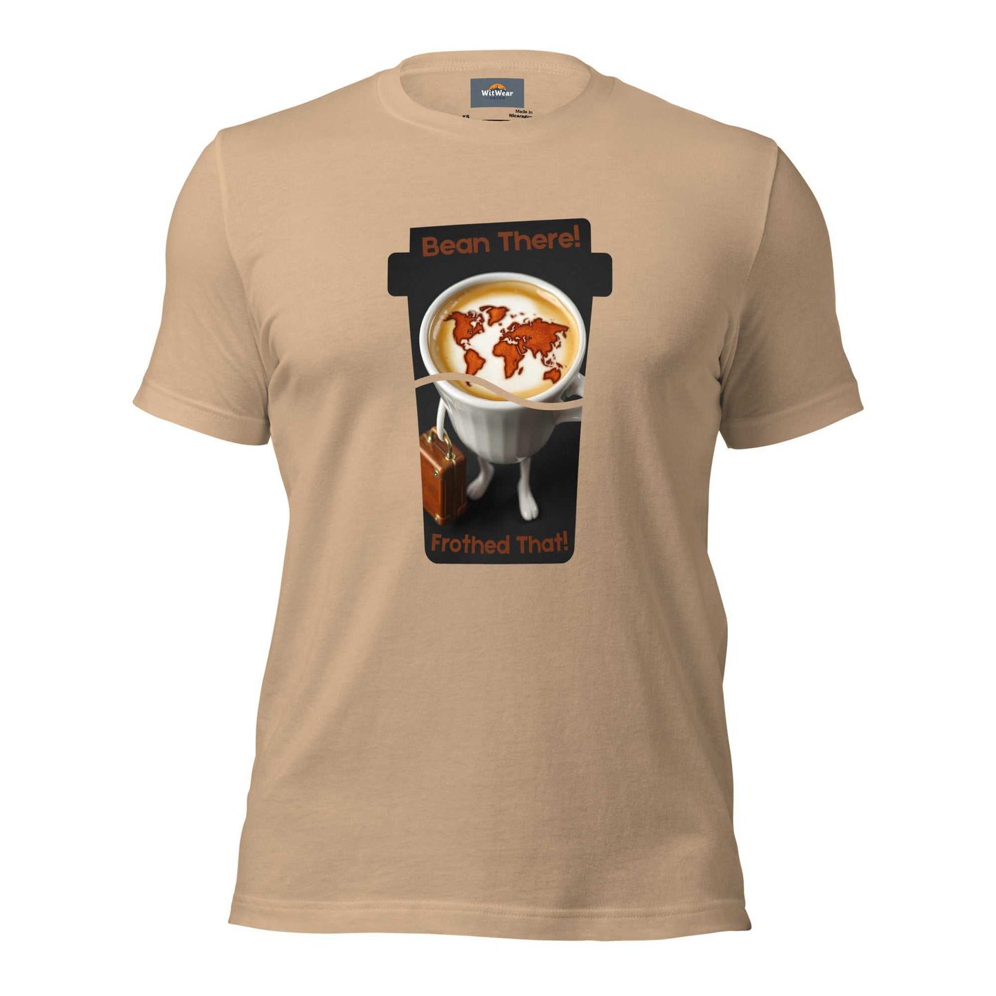 Cappuccino Traveler T-Shirt featuring 'Bean There, Frothed That' design with a cappuccino cup and world map foam art.