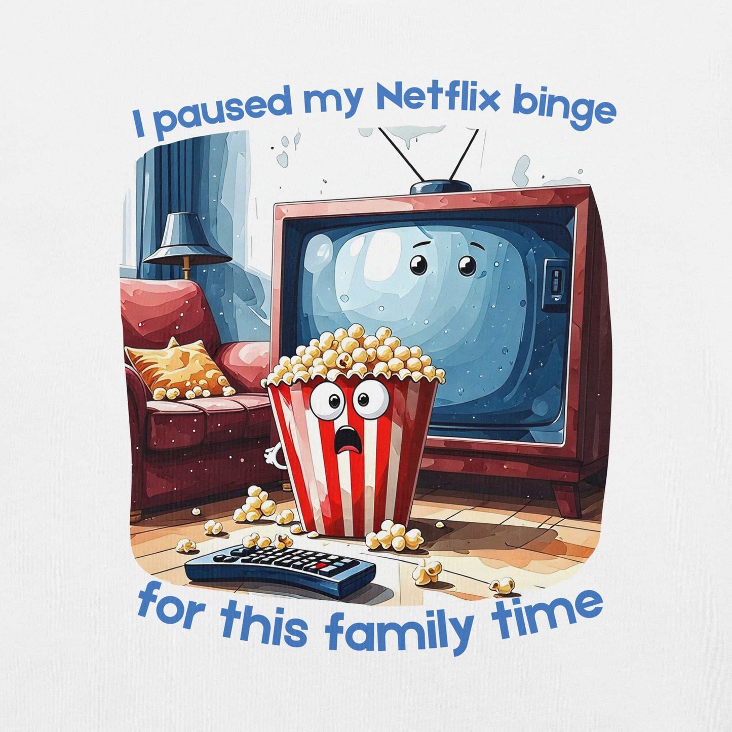 Netflix Binge T-Shirt featuring cartoon TV character and popcorn bucket couch