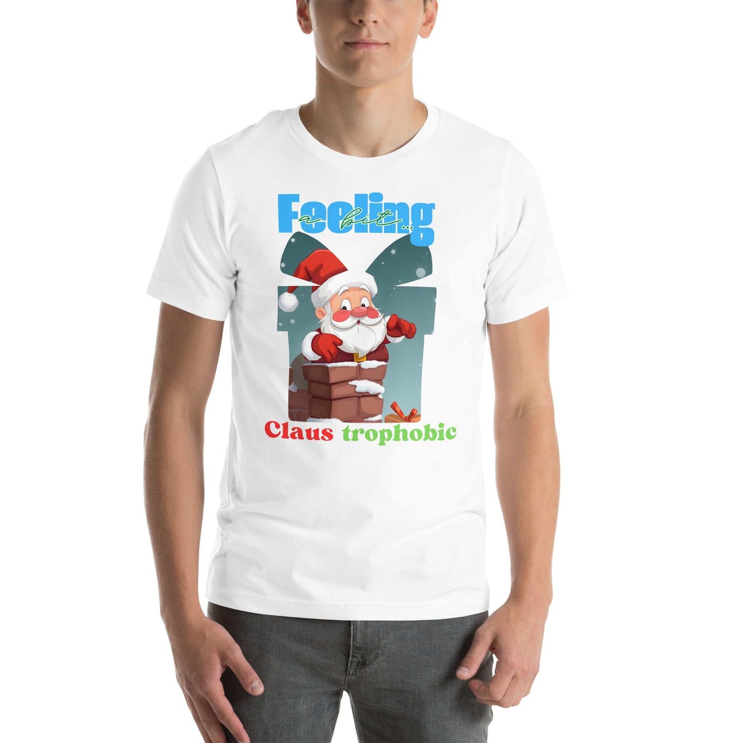 Santa Claus humorously stuck in a chimney on the Claus-trophobic TShirt