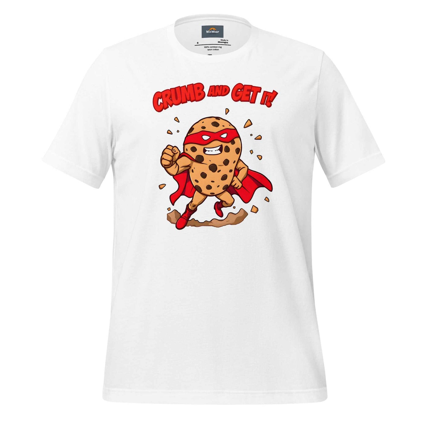 Superhero Cookie T-Shirt featuring a muscular cookie character with cape and heroic pose