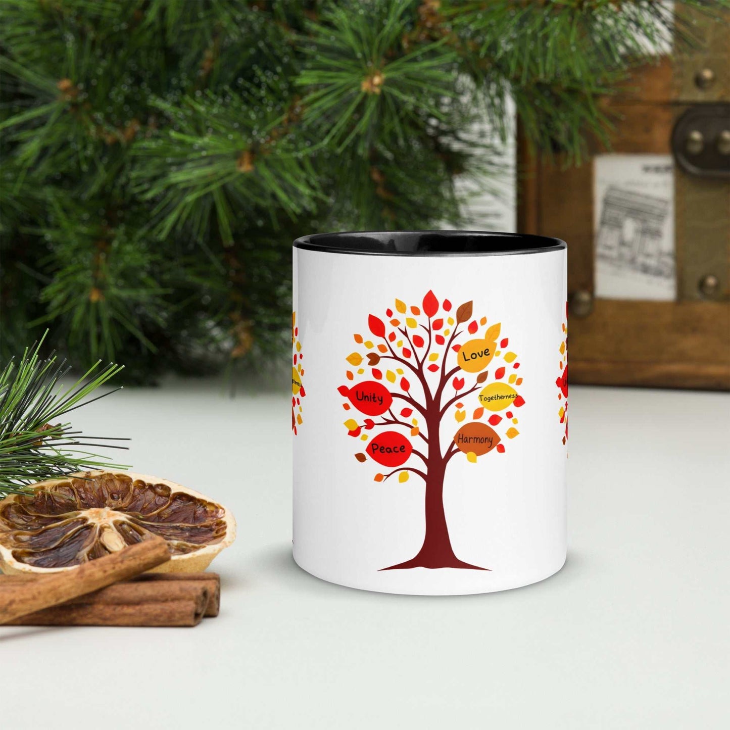 Thanksgiving Tree of Gifts mug with colored inside, featuring a tree with fall-colored leaves and gratitude messages; perfect for family gatherings.