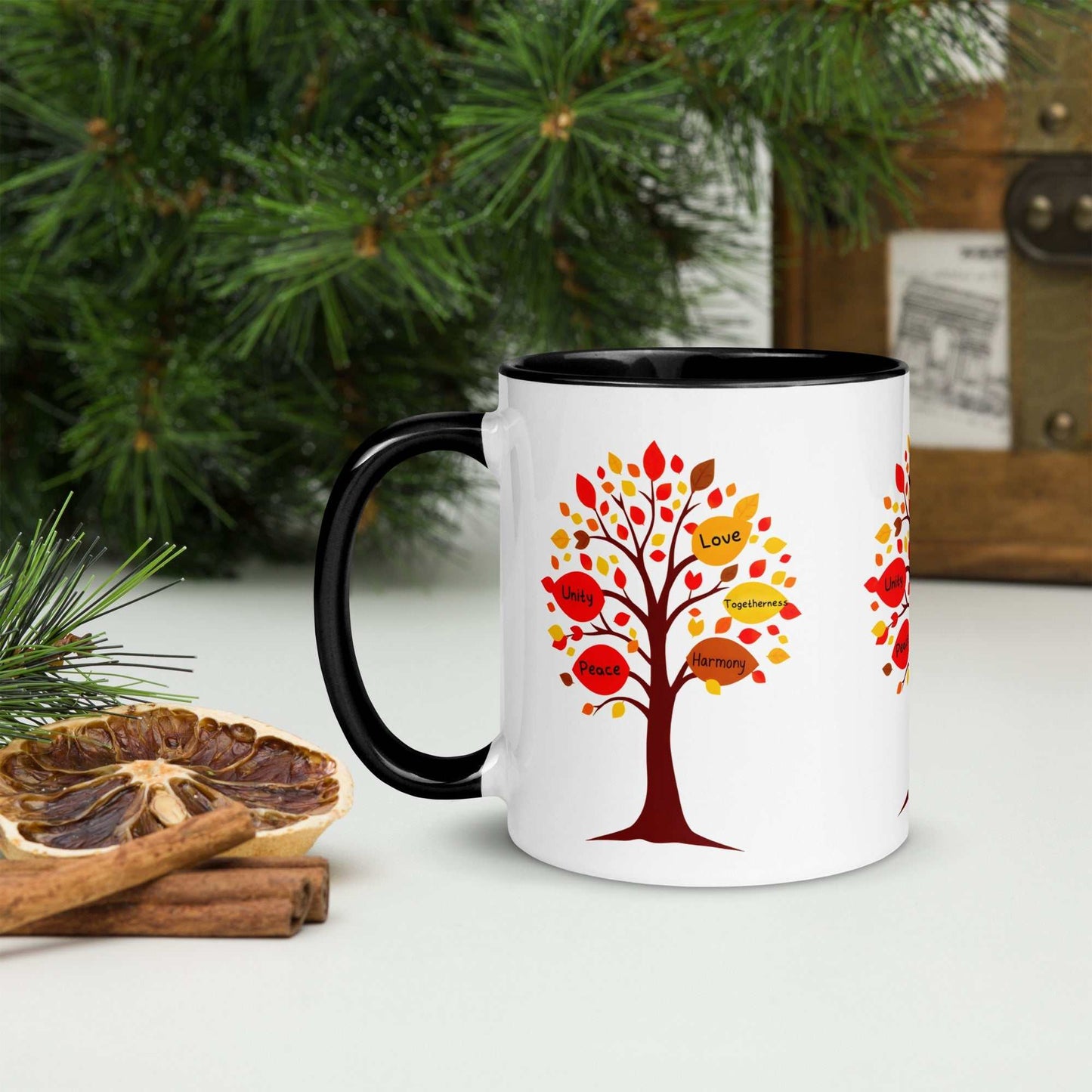 Thanksgiving tree of gifts mug with fall-colored leaves and inspiring messages, ceramic design, 11 oz and 15 oz sizes, dishwasher and microwave safe.