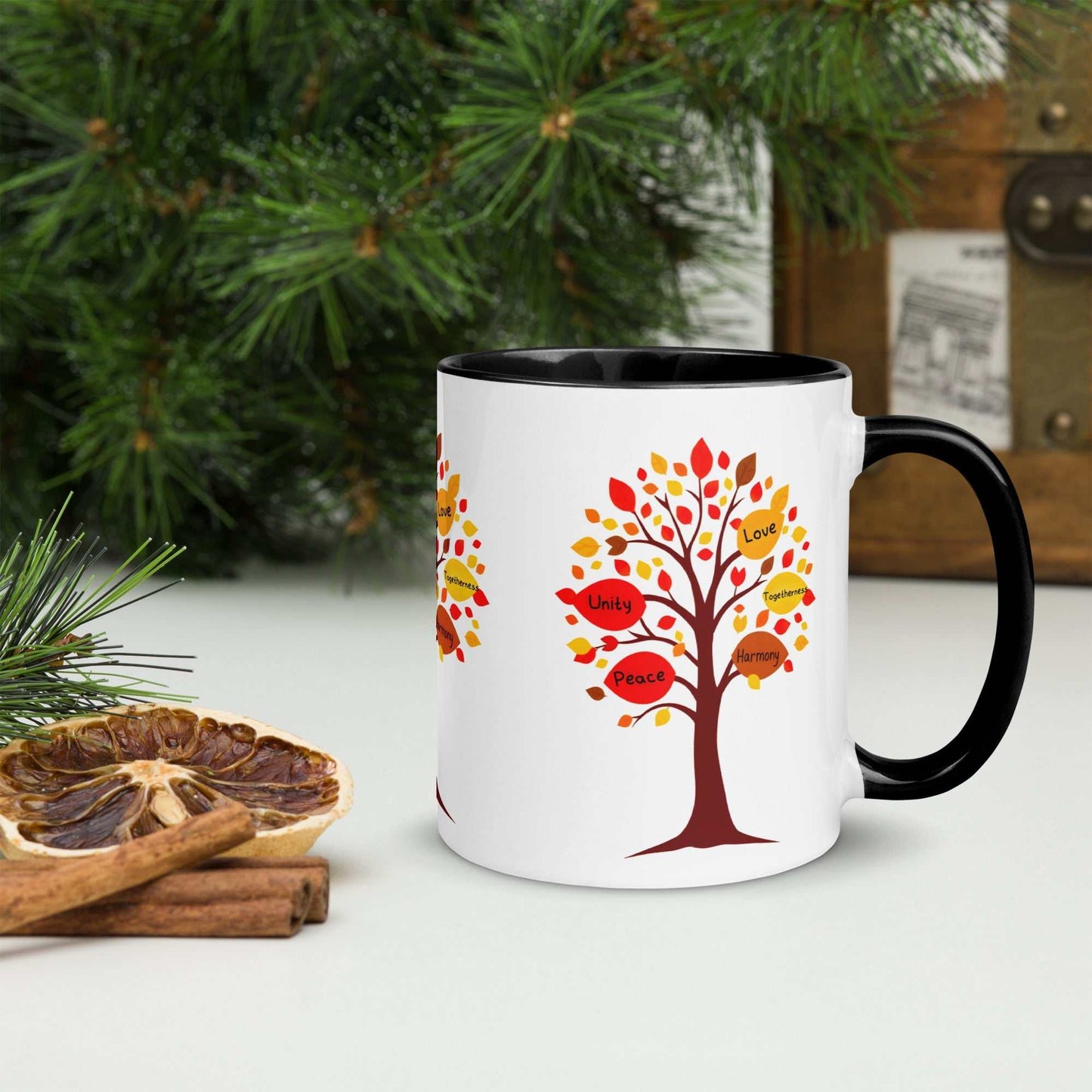 Thanksgiving Tree of Gifts mug with fall-colored tree design and messages like love, unity, and harmony; perfect for celebrating gratitude.