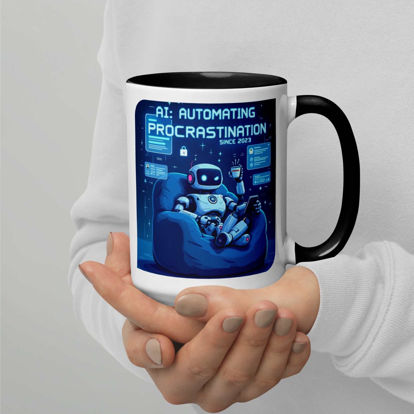 AI Procrastination Mug with cartoon robot lounging, surrounded by unfinished digital tasks and humorous tech design