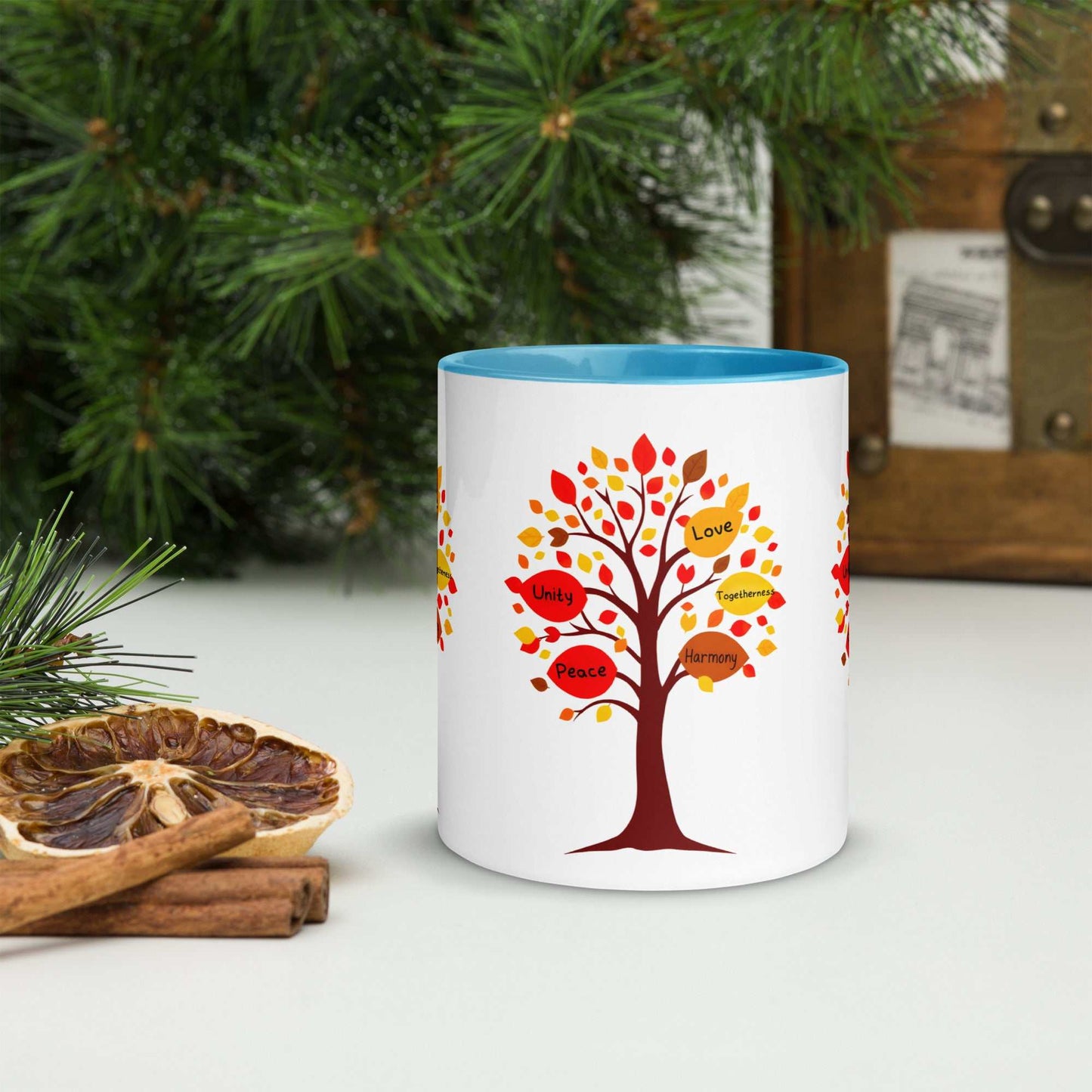 Thanksgiving Tree of Gifts mug with colorful autumn leaves design, 11 oz ceramic, dishwasher and microwave safe, perfect for Thanksgiving celebrations.