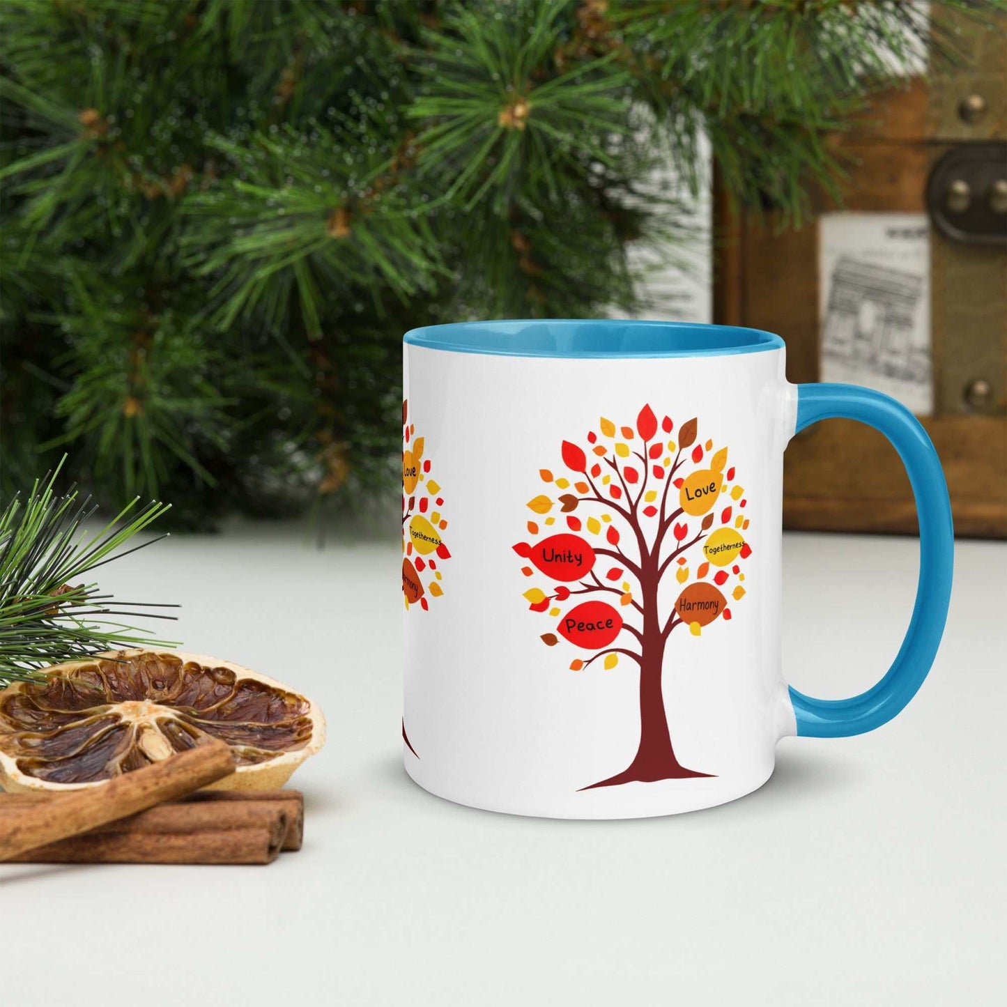 Thanksgiving Tree of Gifts mug with fall-colored leaves and inspirational messages, ceramic, 11 oz or 15 oz, blue interior and handle.