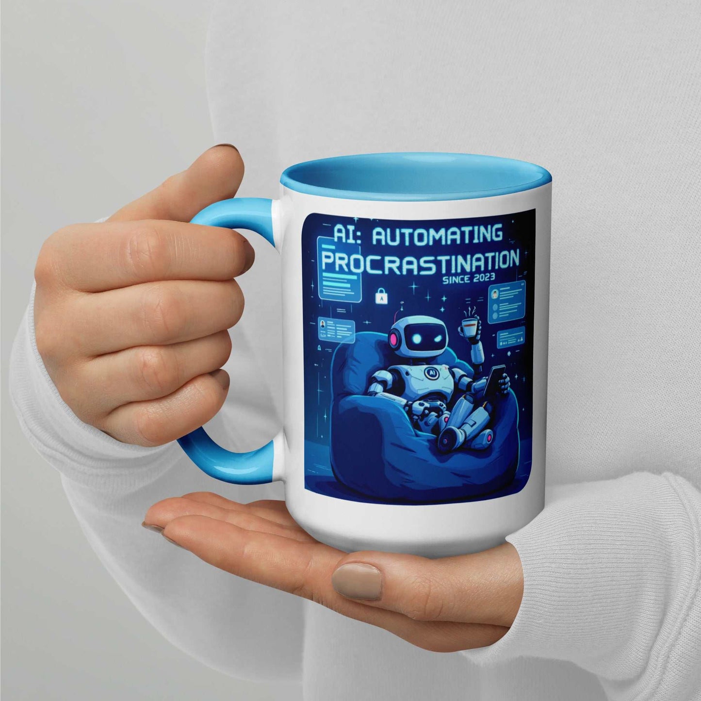 AI Procrastination Mug with cartoon robot lounging, surrounded by unfinished digital tasks and humorous tech design