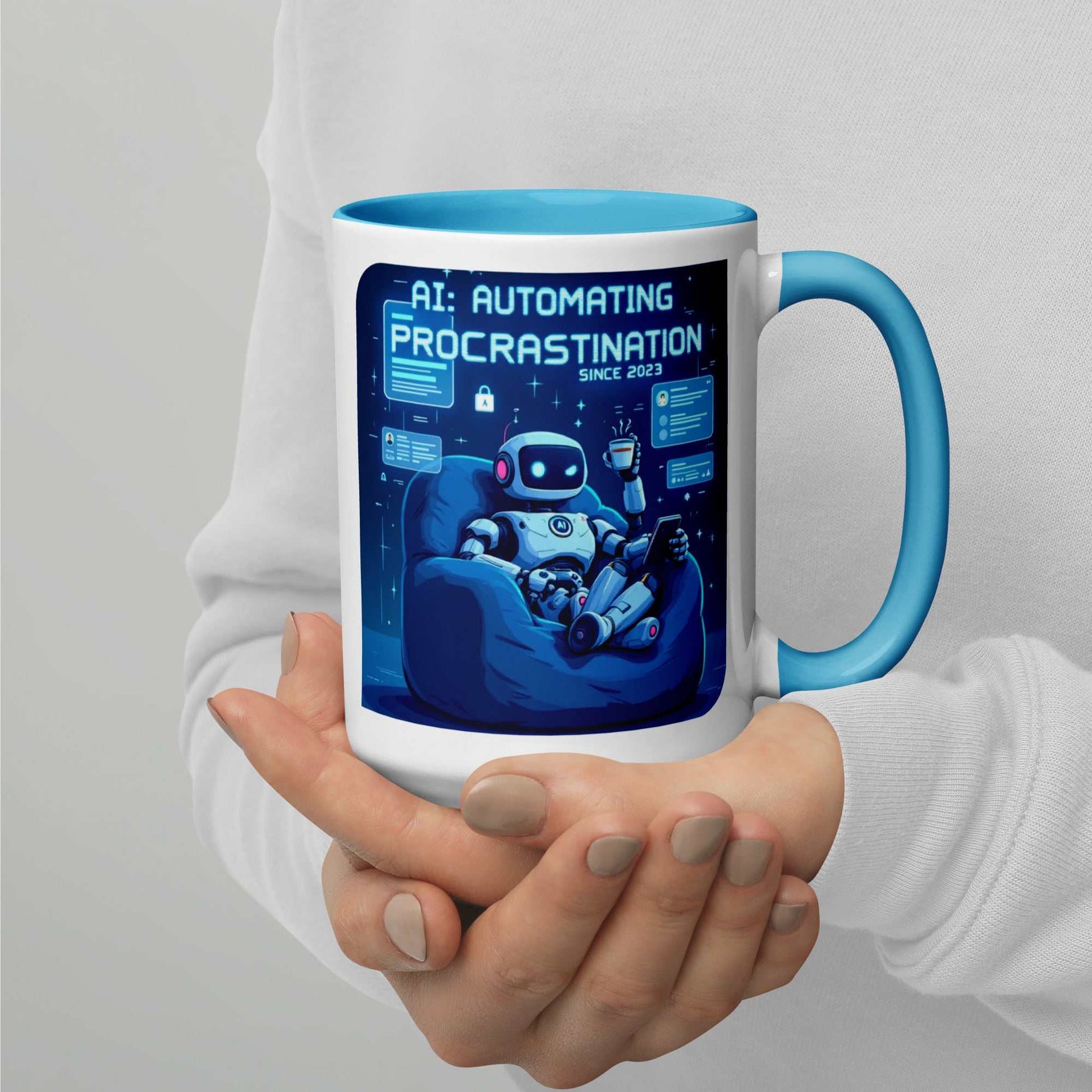 AI Procrastination Mug with cartoon robot lounging, surrounded by unfinished digital tasks and humorous tech design