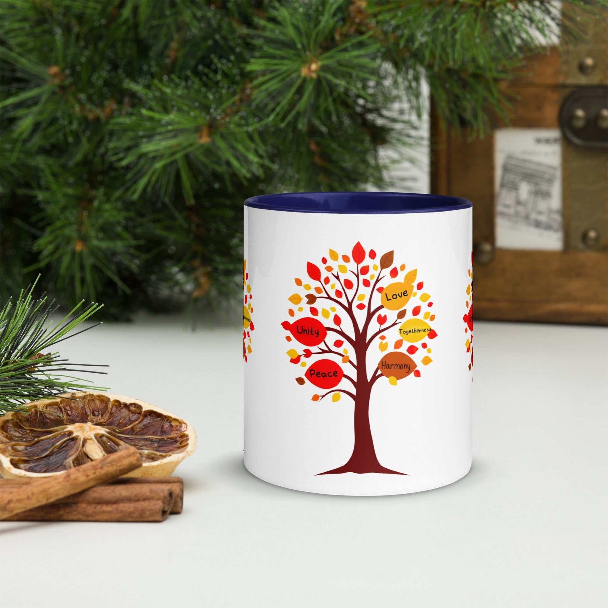 Thanksgiving Tree of Gifts mug with fall-themed design, featuring a tree with colored leaves and inspirational words, perfect for autumn gatherings.