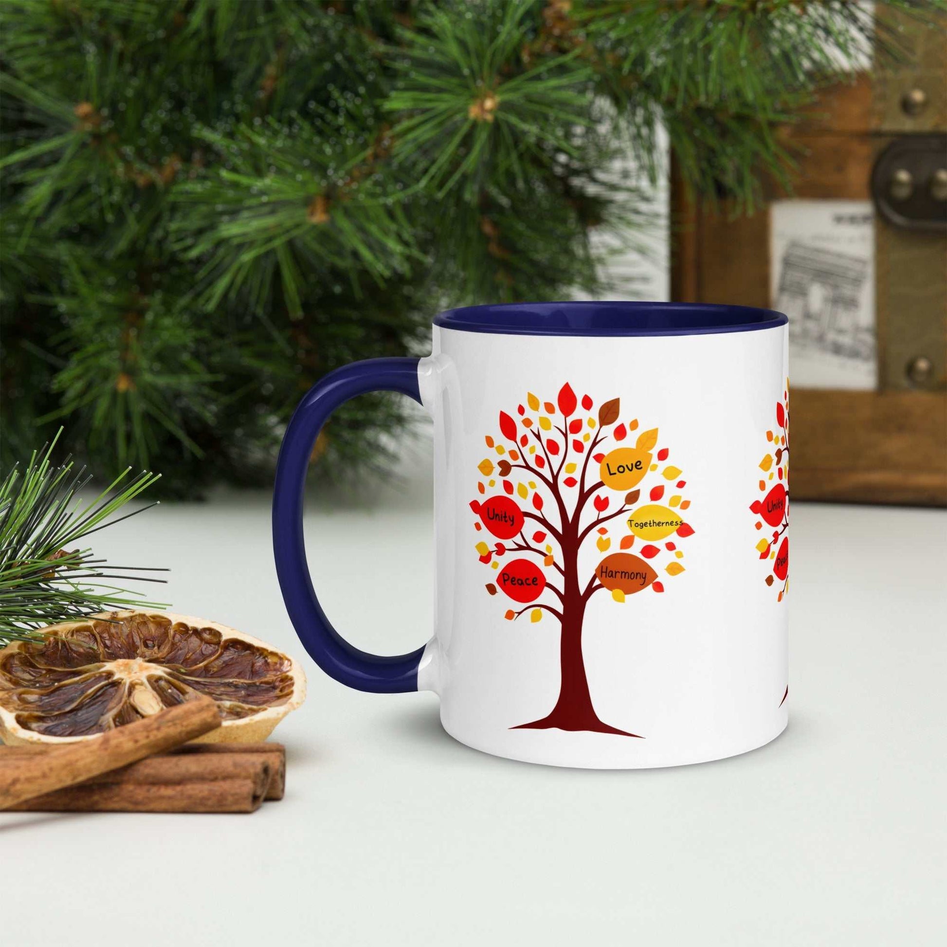 Thanksgiving Tree of Gifts mug with colorful autumn leaves and inspirational messages.