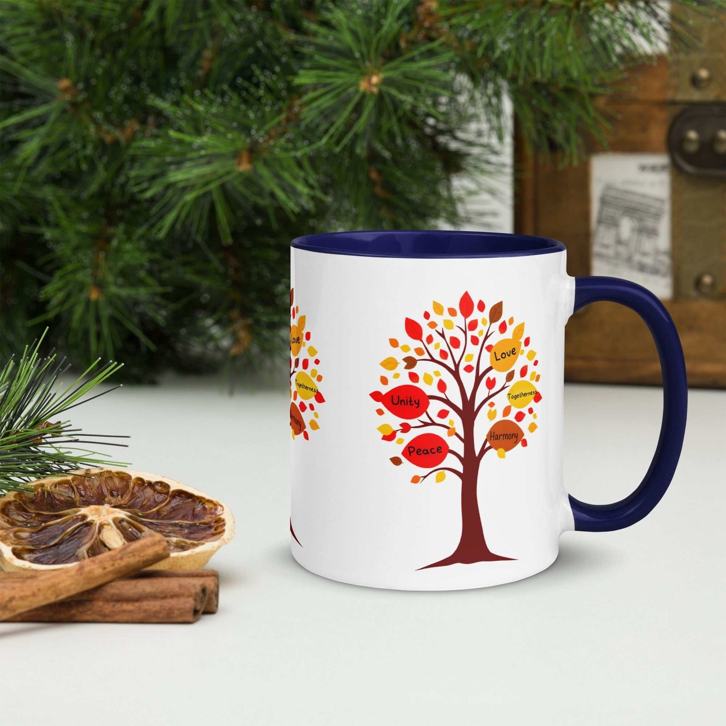 Thanksgiving Tree of Gifts mug with fall leaves and gratitude messages, blue interior.