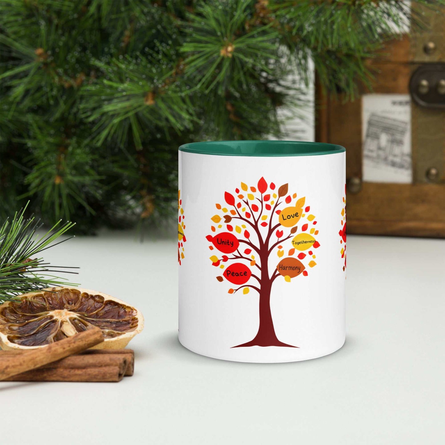 Thanksgiving Tree of Gifts Mug with fall-colored leaves and messages, ceramic, 11 oz, colored inside.