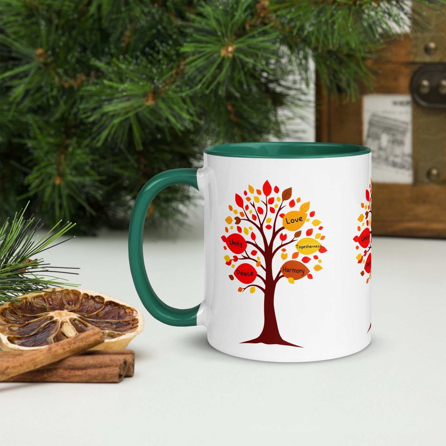 Thanksgiving Tree of Gifts mug with fall-colored leaves and gratitude messages, featuring colored rim, inside, and handle.