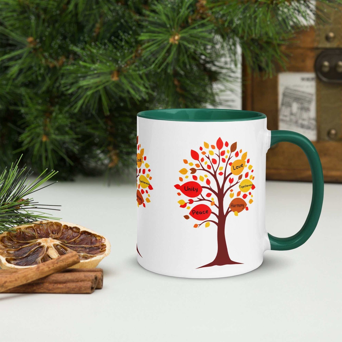 Thanksgiving Tree of Gifts mug with fall-colored leaves and inspirational words.