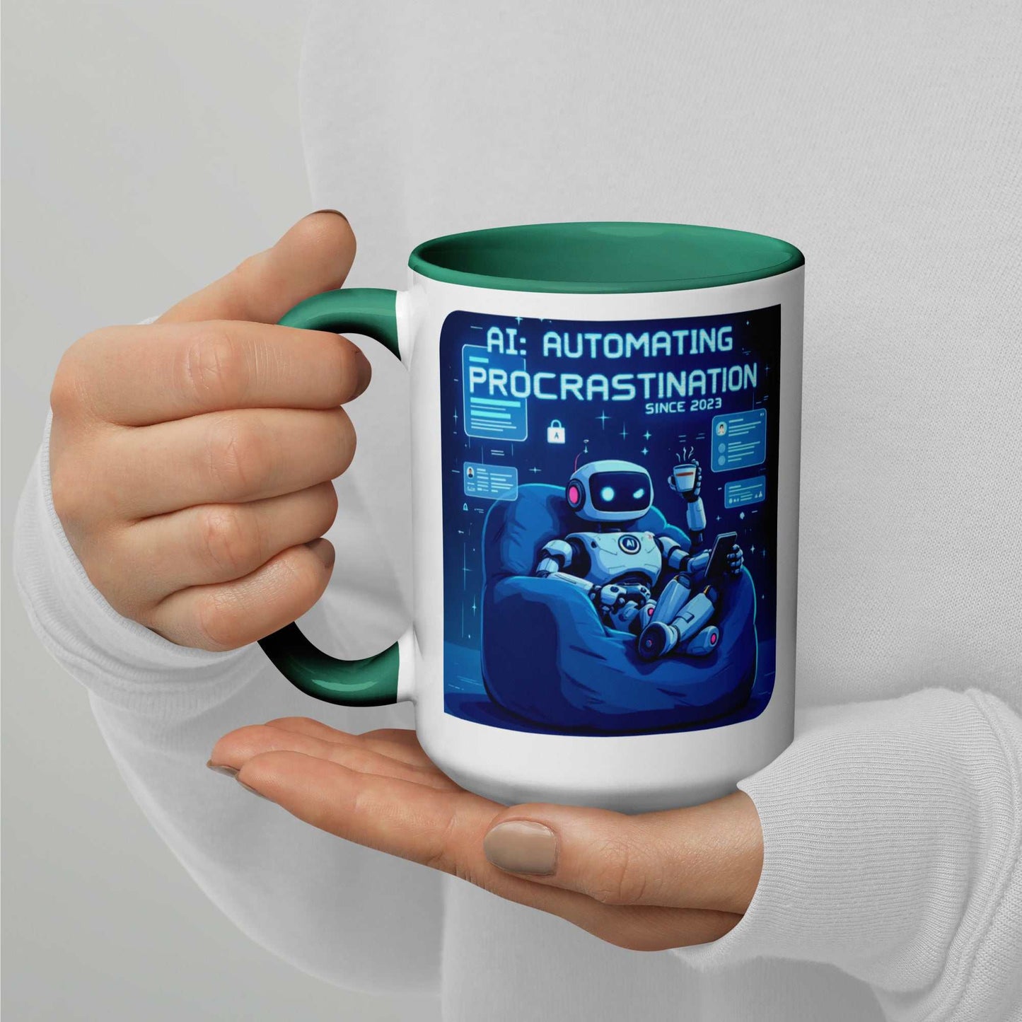 AI Procrastination Mug with cartoon robot lounging, surrounded by unfinished digital tasks and humorous tech design