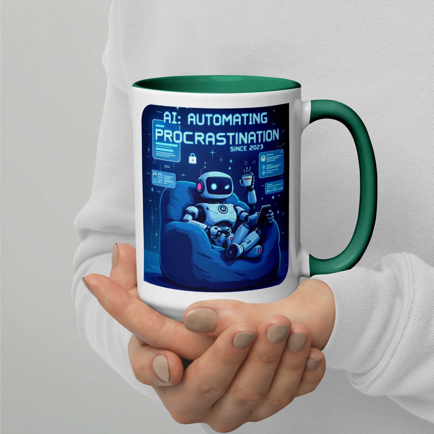 AI Procrastination Mug with cartoon robot lounging, surrounded by unfinished digital tasks and humorous tech design