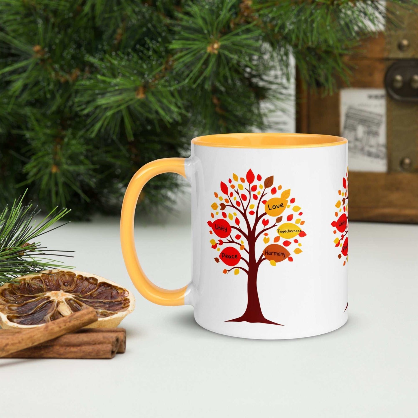 Thanksgiving Tree of Gifts mug with fall-colored leaves and inspirational words.