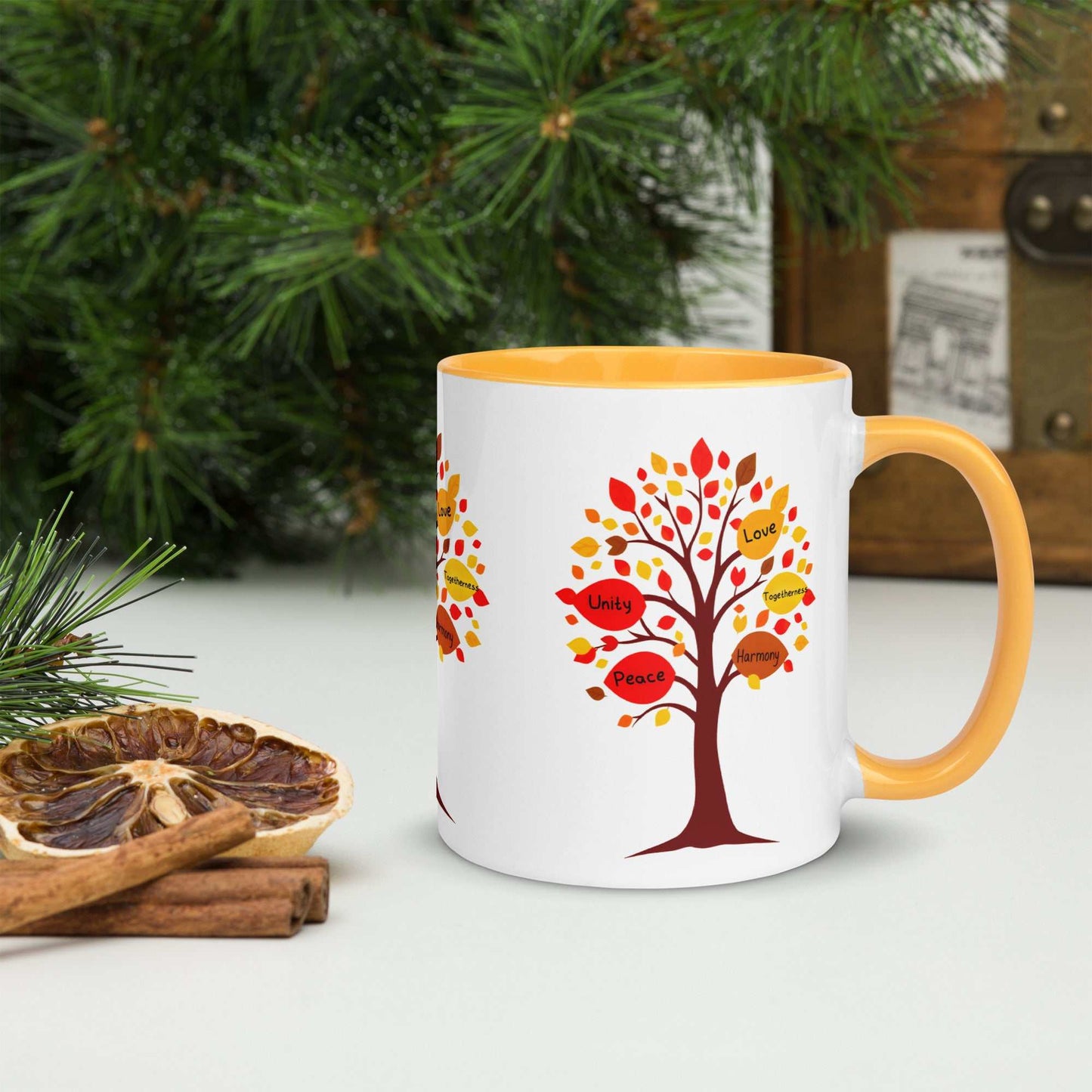 Thanksgiving Tree of Gifts mug with colorful fall-themed tree design and inspirational words.