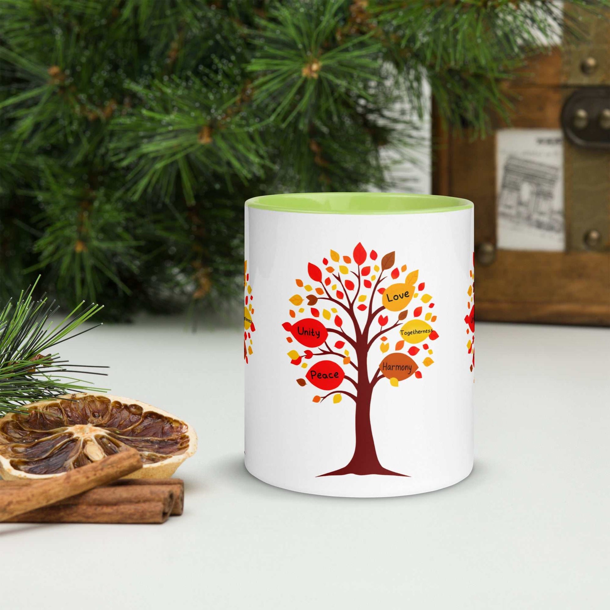 Thanksgiving Tree of Gifts mug with colored inside, featuring a tree with fall leaves and inspirational words.