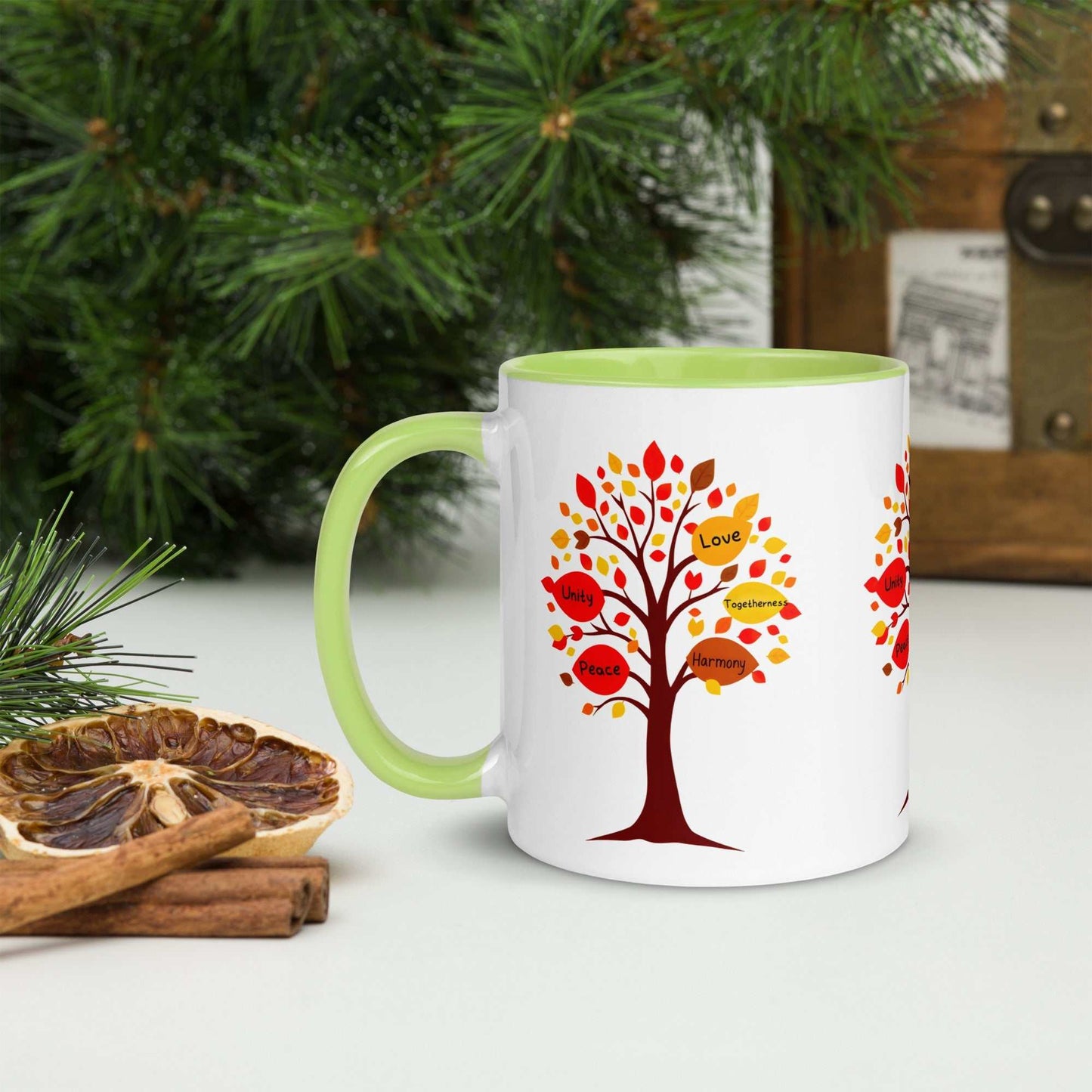 Thanksgiving Tree of Gifts mug with fall-colored leaves and inspirational messages inside.