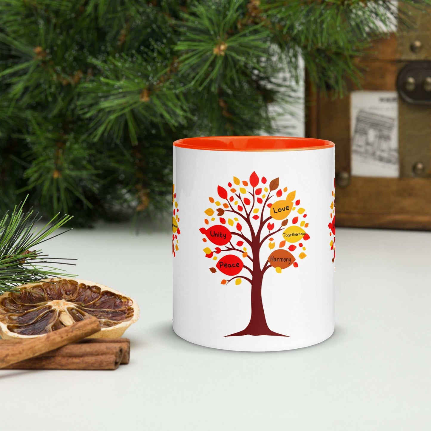 Thanksgiving Tree of Gifts mug with fall-colored leaves and inspirational words, ceramic, 11 oz and 15 oz sizes, colored interior, dishwasher and microwave safe, perfect for autumn celebrations and family gatherings.