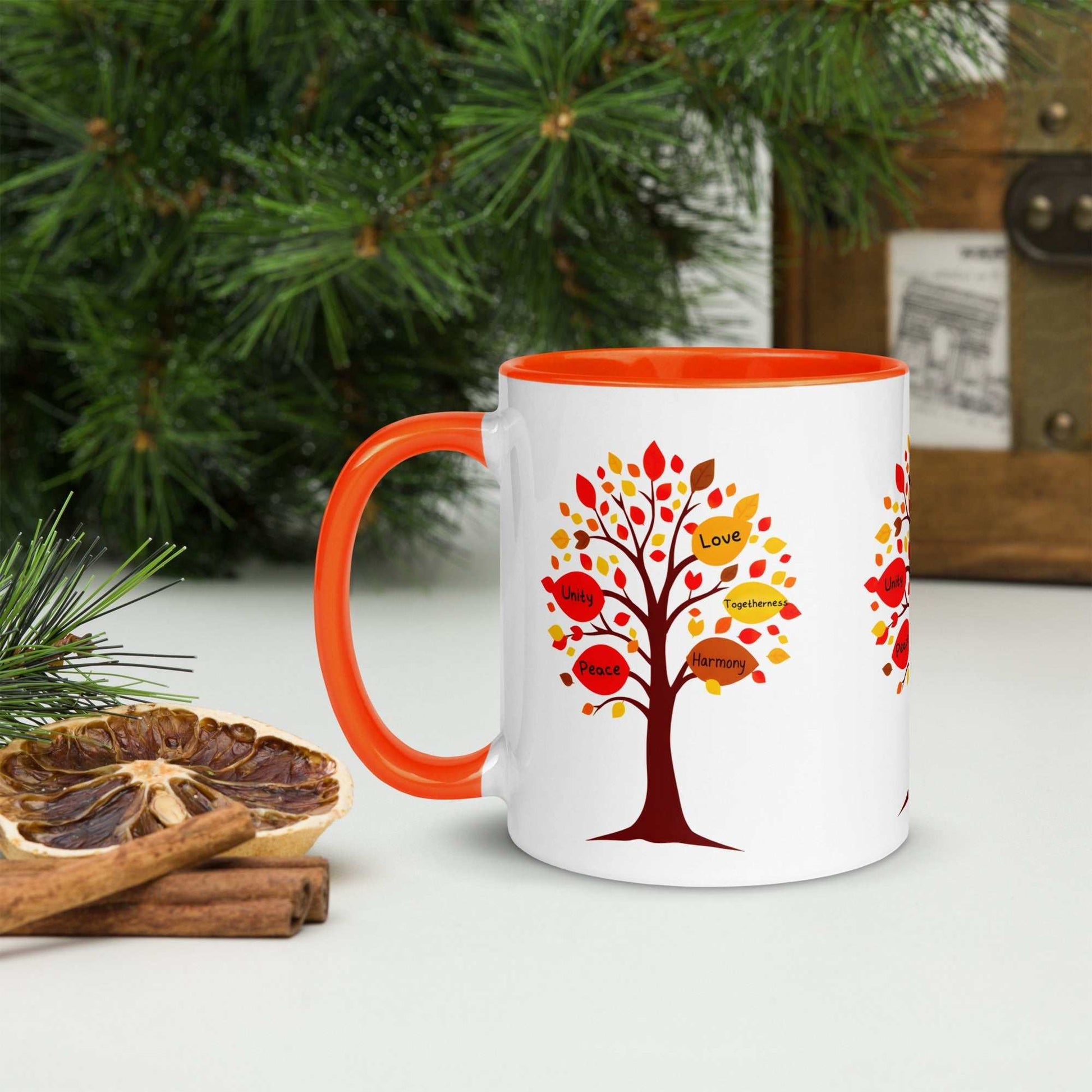 Thanksgiving Tree of Gifts mug with colorful fall-themed leaves inside design, ceramic, dishwasher safe.