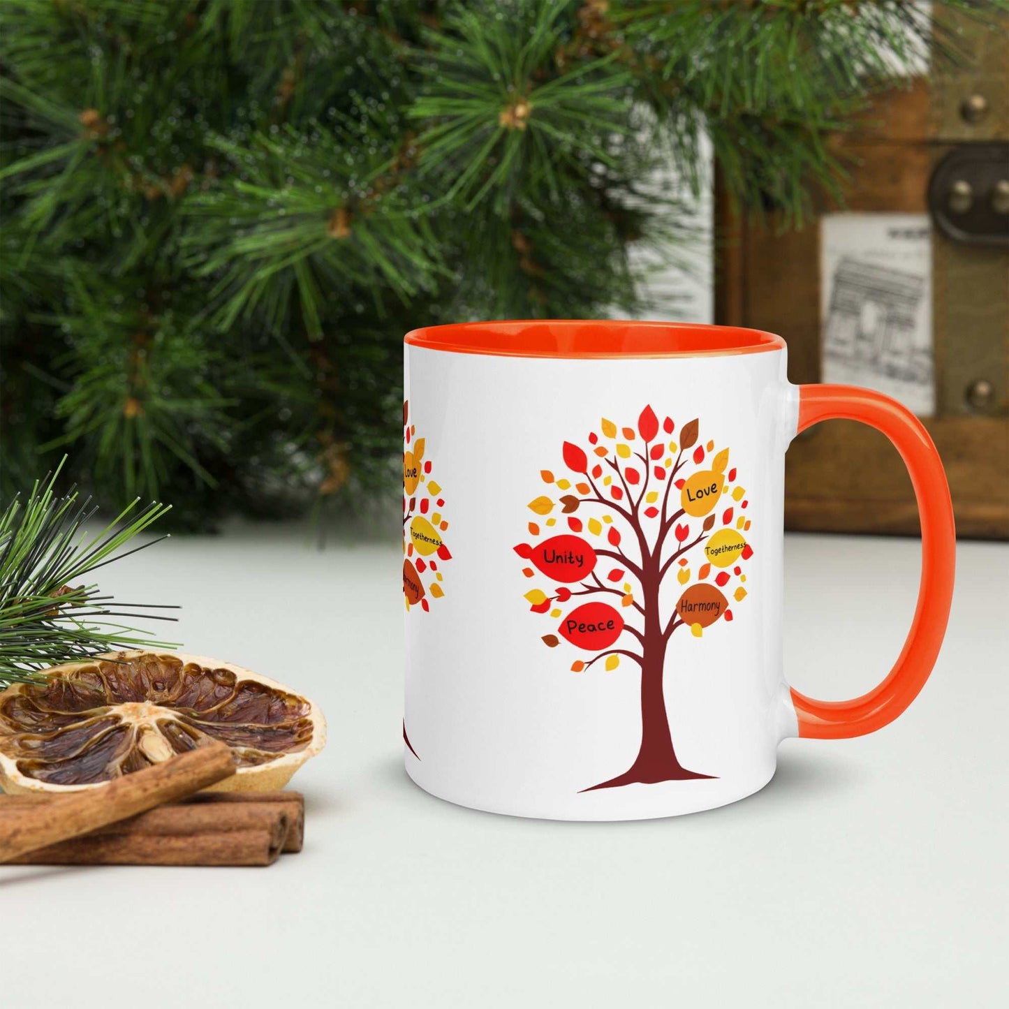 Thanksgiving Tree of Gifts mug with colorful fall-themed tree design and inspirational messages, ceramic, 11 oz or 15 oz, orange inside and handle.