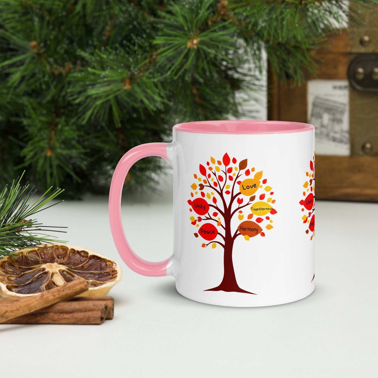 Thanksgiving Tree of Gifts mug with colorful autumn leaves design inside and out, featuring the themes love, togetherness, unity, and harmony.