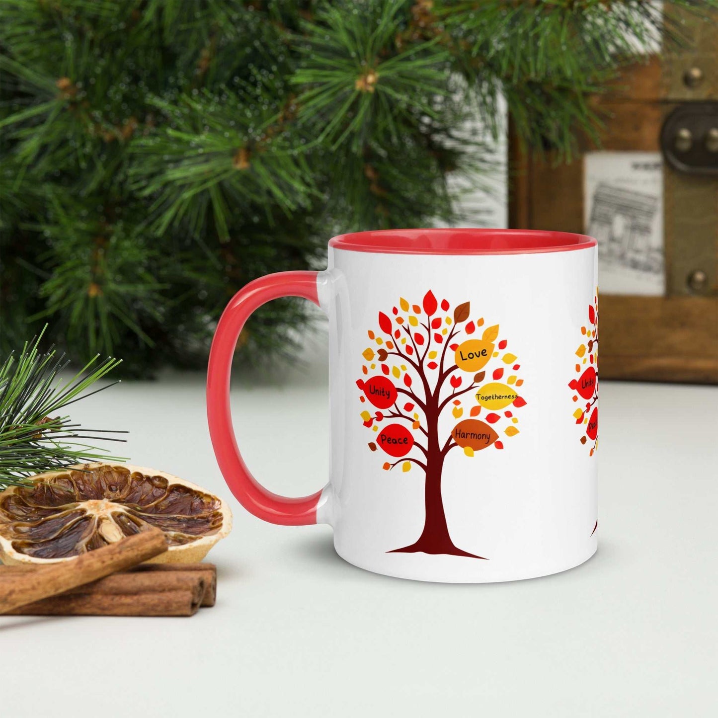 Thanksgiving Tree of Gifts mug with fall-themed design and colored interior, perfect for cozy gatherings.